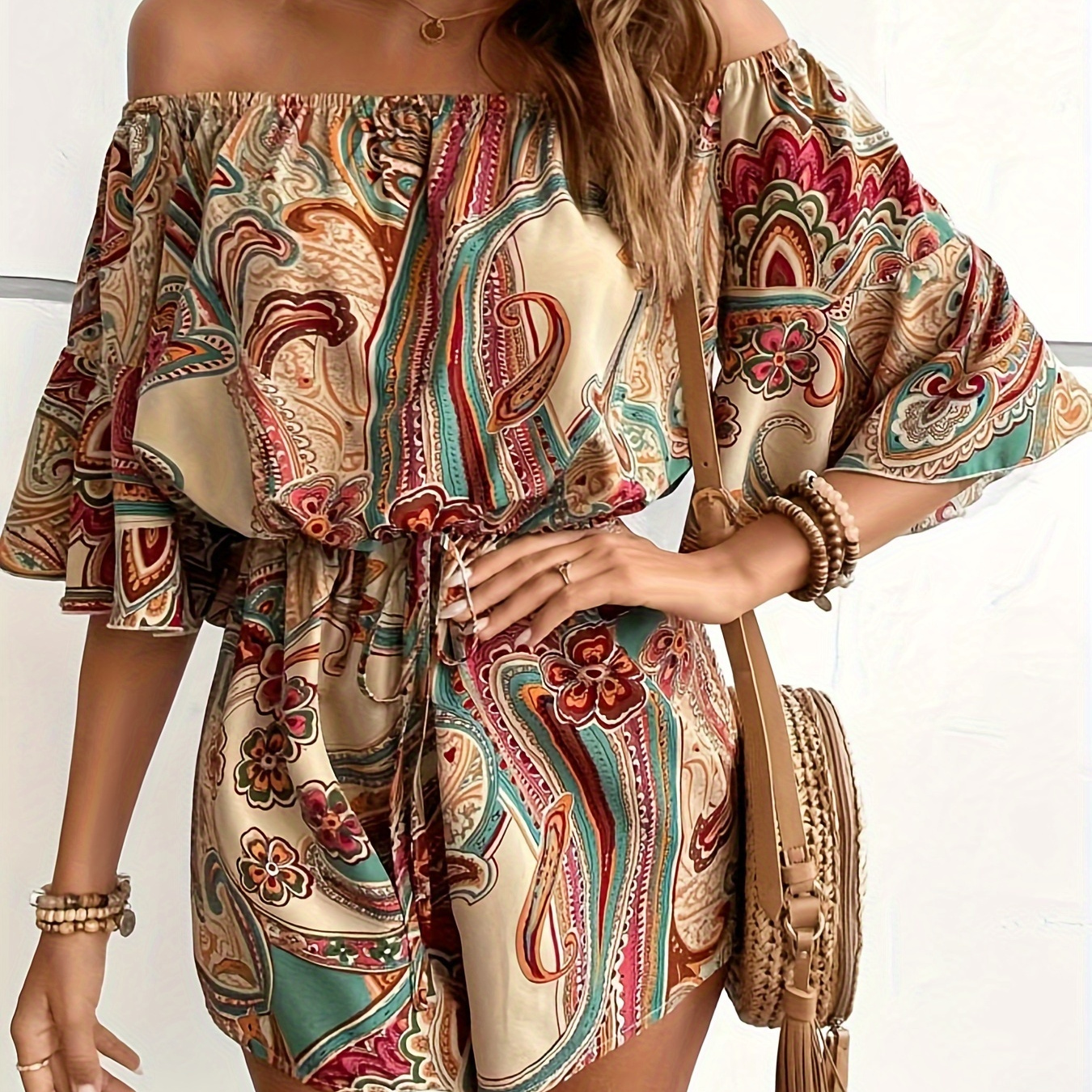 

Boho Paisley Print Off Shoulder Romper, Vacation Style Short Sleeve Cinched Waist Jumpsuit For Spring & Summer, Women's Clothing