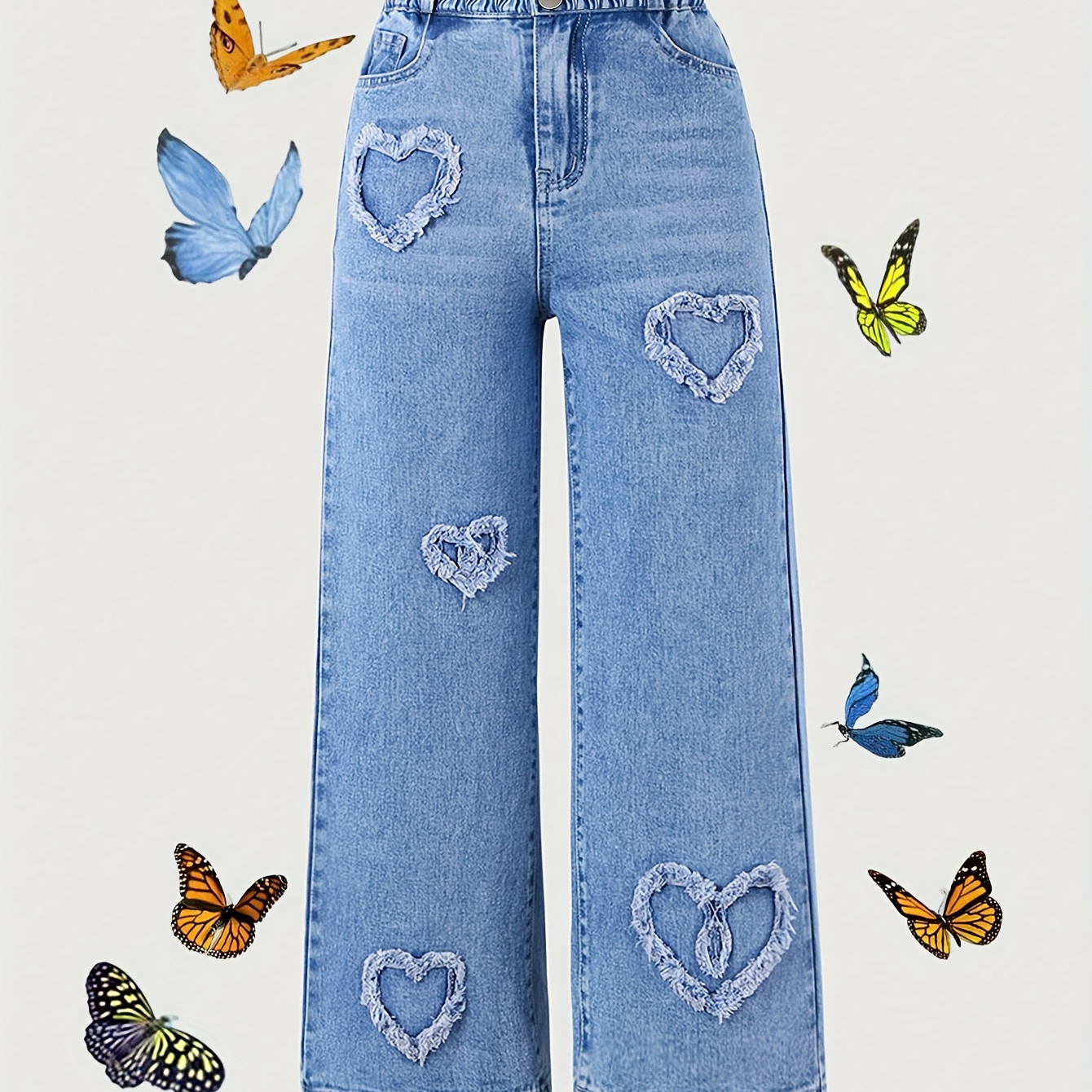 

Heart Patches Girls Loose Jeans, Solid Color Long-length Wide-leg Casual Jeans, Casual Wear Girls Clothing