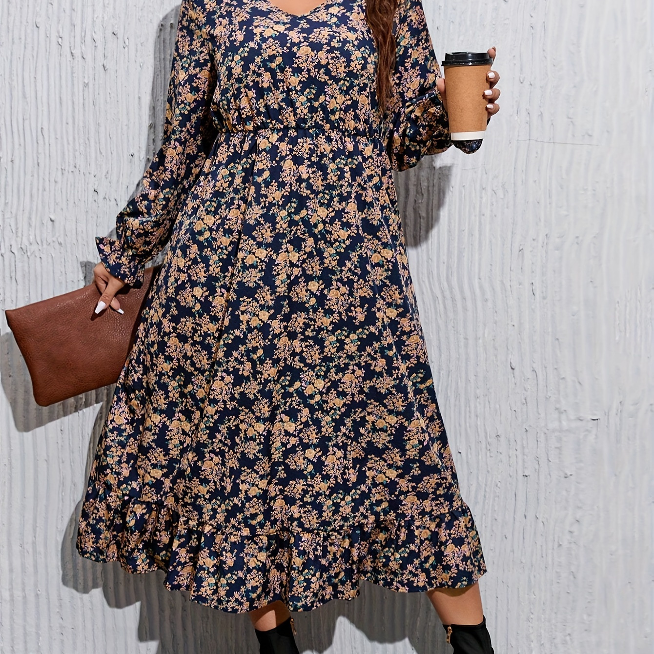 

Plus Size Floral Print Cinched Waist Dress, Vacation Style Ruffle Hem Long Sleeve V Neck Midi Dress For Spring & Fall, Women's Plus Size Clothing