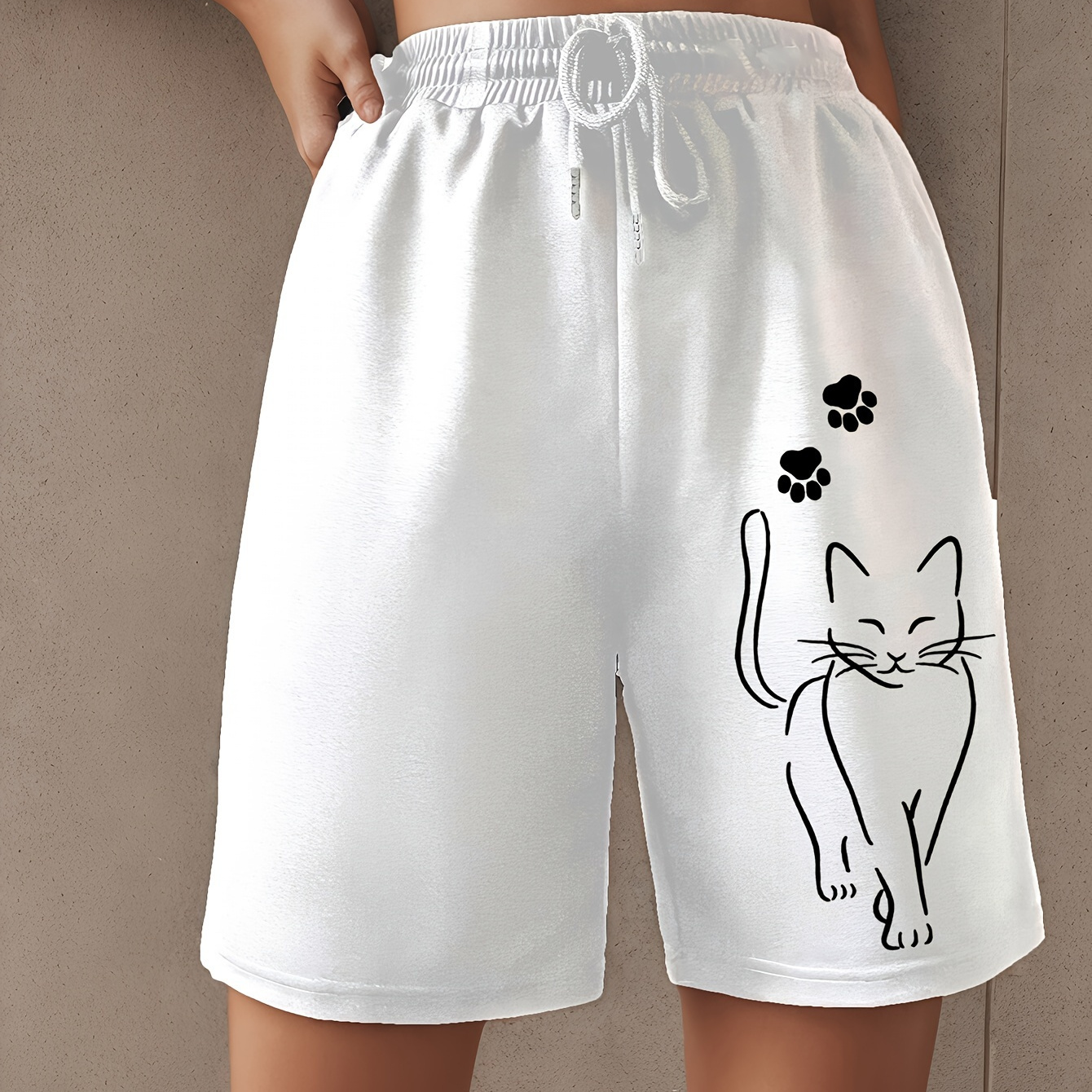 

Cat & Paw Print Drawstring Shorts, Casual Loose Shorts For Spring & Summer, Women's Clothing