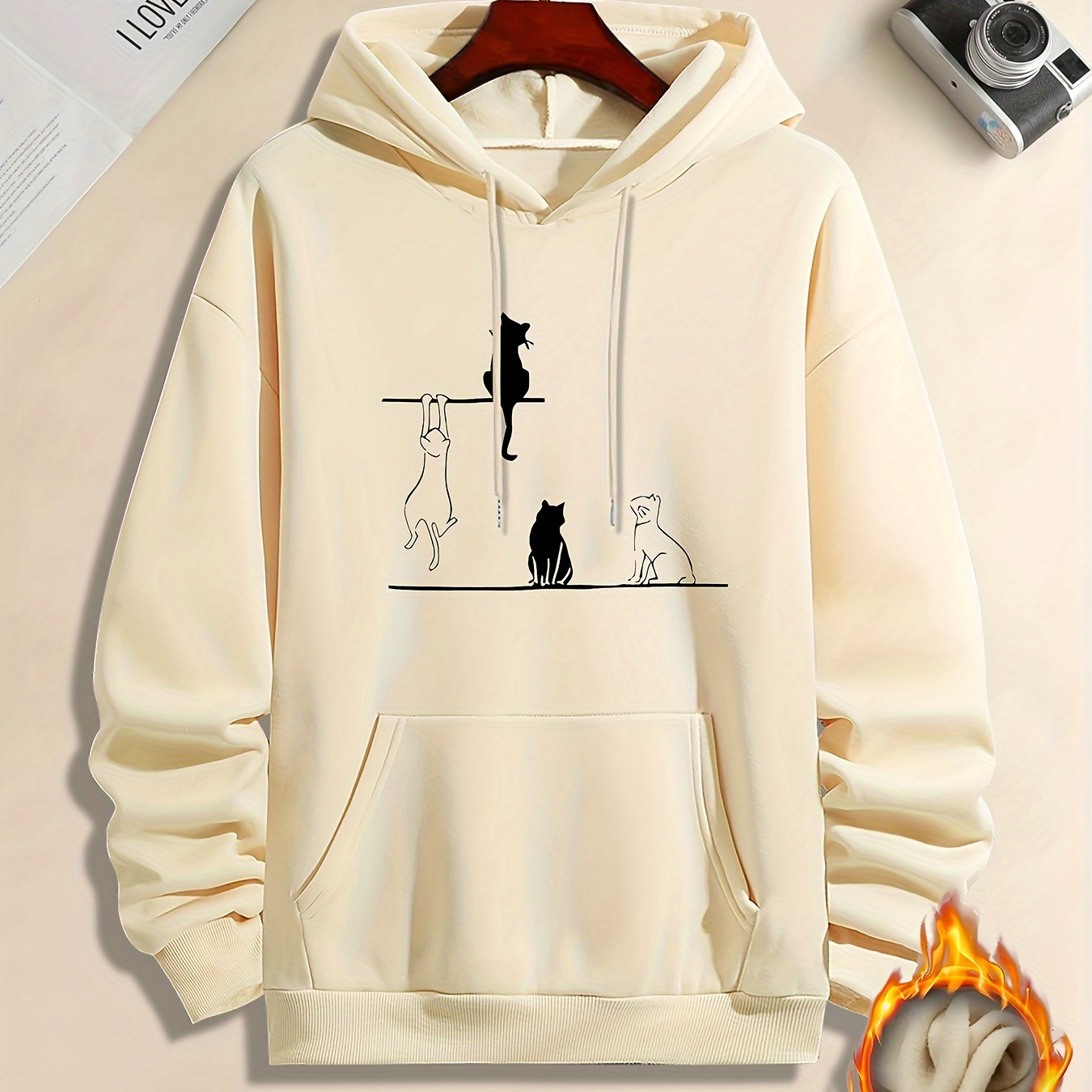 

Cute Cat Print Hoodie, Cool Hoodies For Men, Men's Casual Graphic Design Pullover Hooded Sweatshirt With Kangaroo Pocket Streetwear For Winter Fall, As Gifts