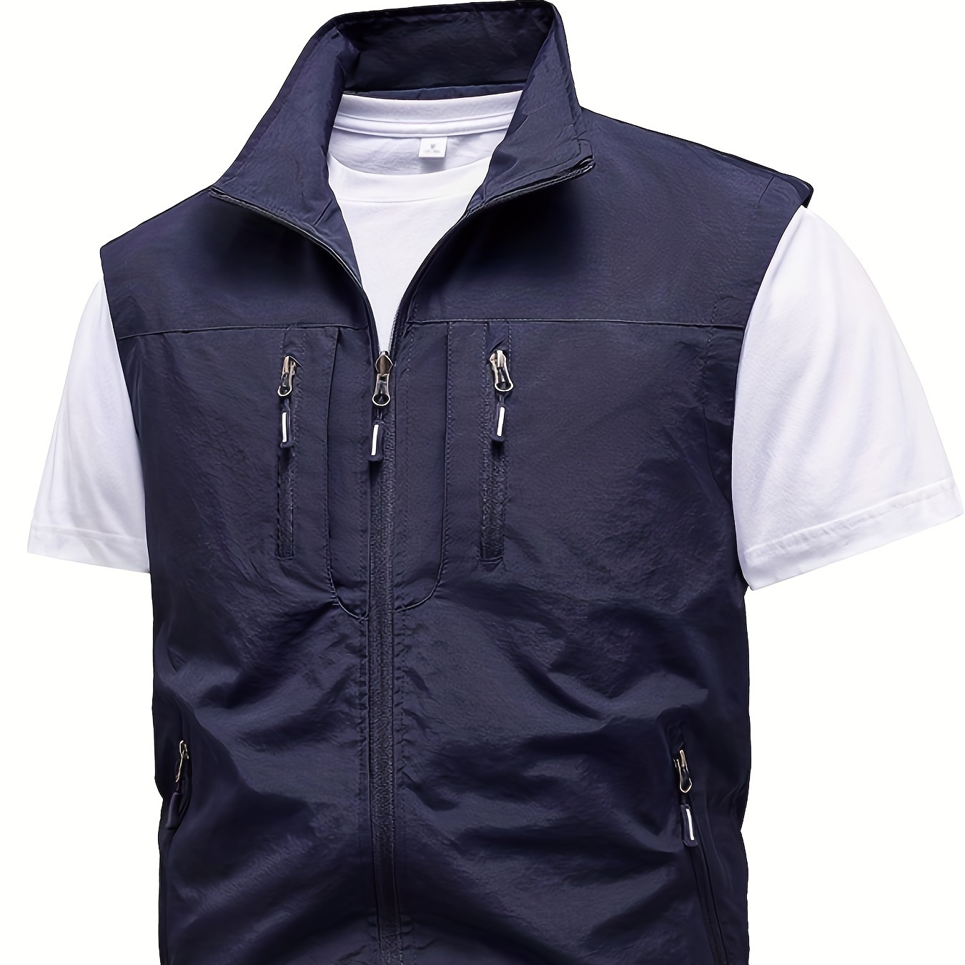 

Men's Solid Color Stand Collar Cargo Vest, Casual Sleeveless Zip-up Outdoor Gilet For Spring And Summer