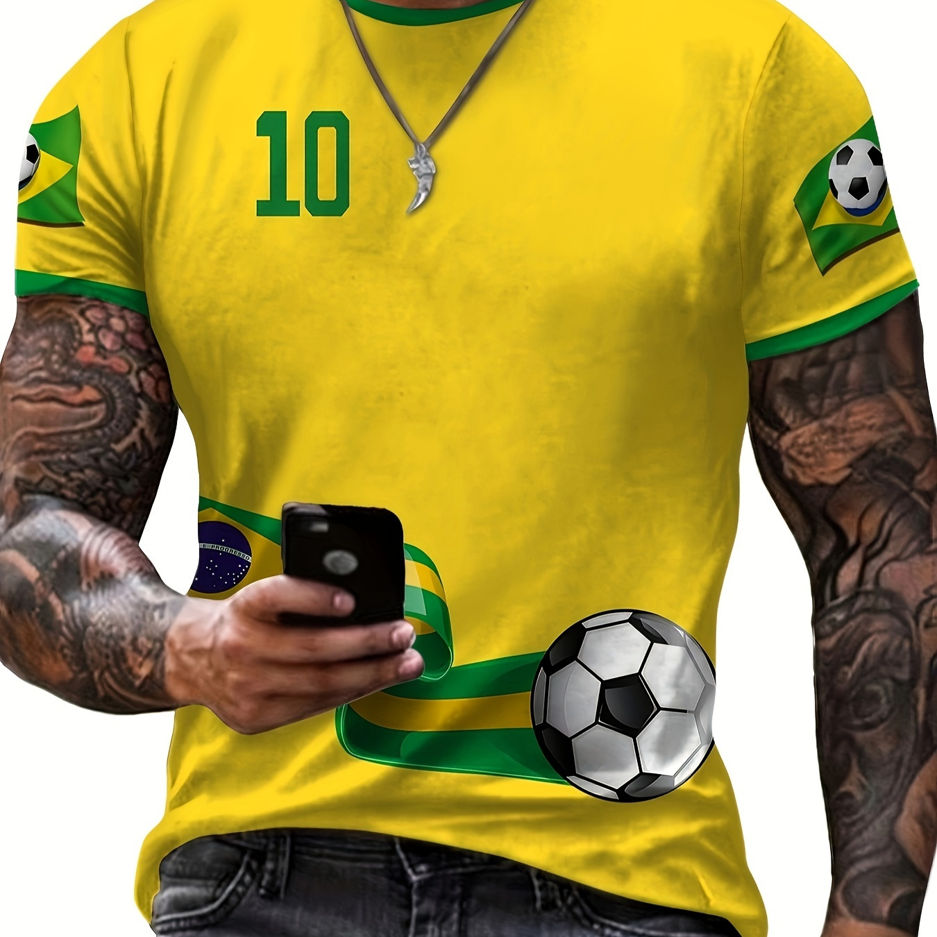 

Soccer And Number 10 Pattern Men's Fashion Crew Neck Short Sleeve Sports Tee, Versatile And Comfortable T-shirt, Athletic Style Clothing For Summer And Spring, As Gifts