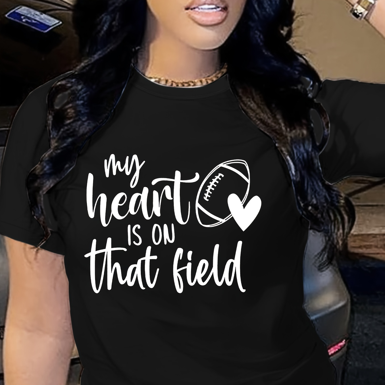 

Football & Letter Print T-shirt, Short Sleeve Crew Neck Casual Top For Summer & Spring, Women's Clothing