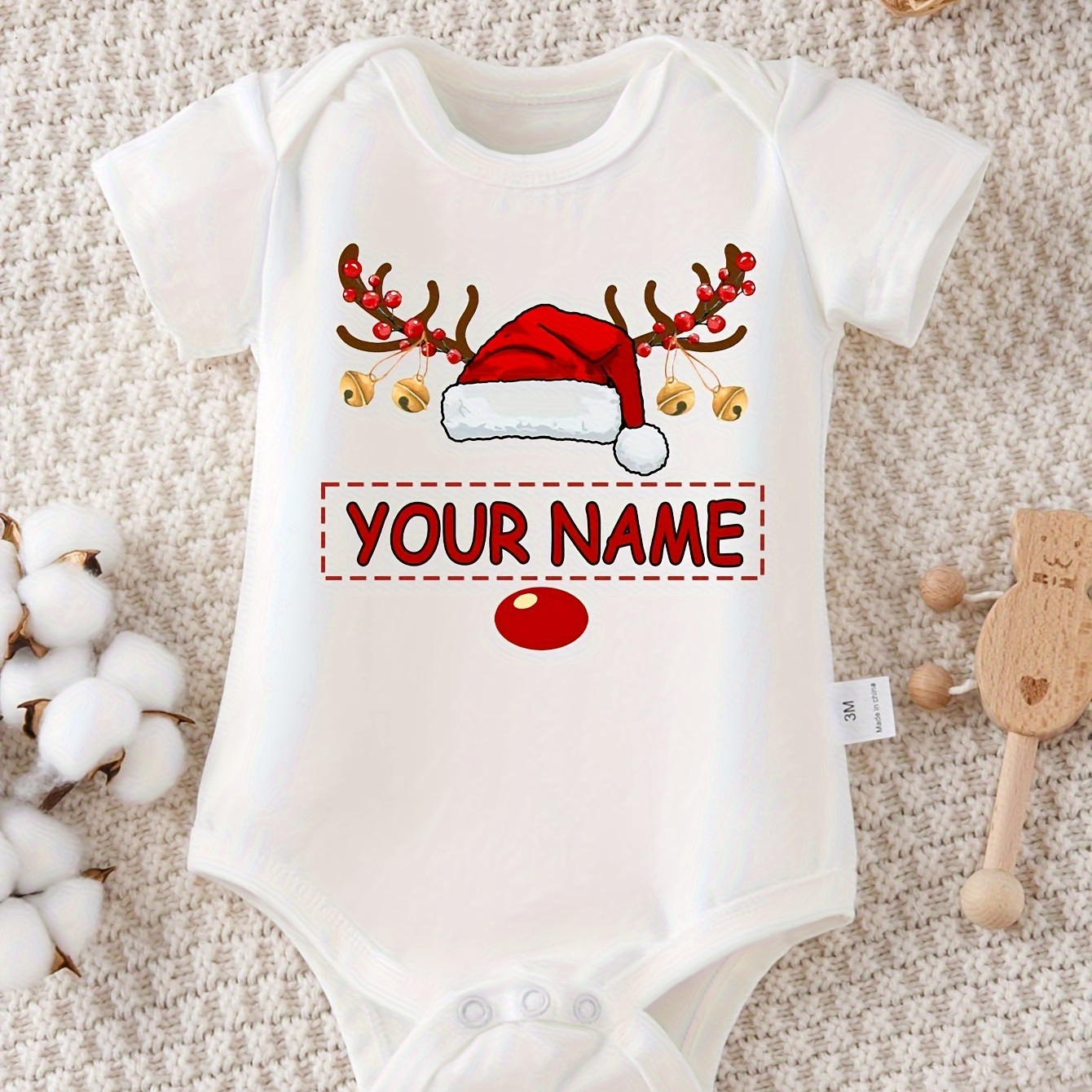 

Showtly Customizable Christmas Bodysuit For , 100% , , Santa Hat & Antlers, Knit , Regular Fit, , Tri-, For