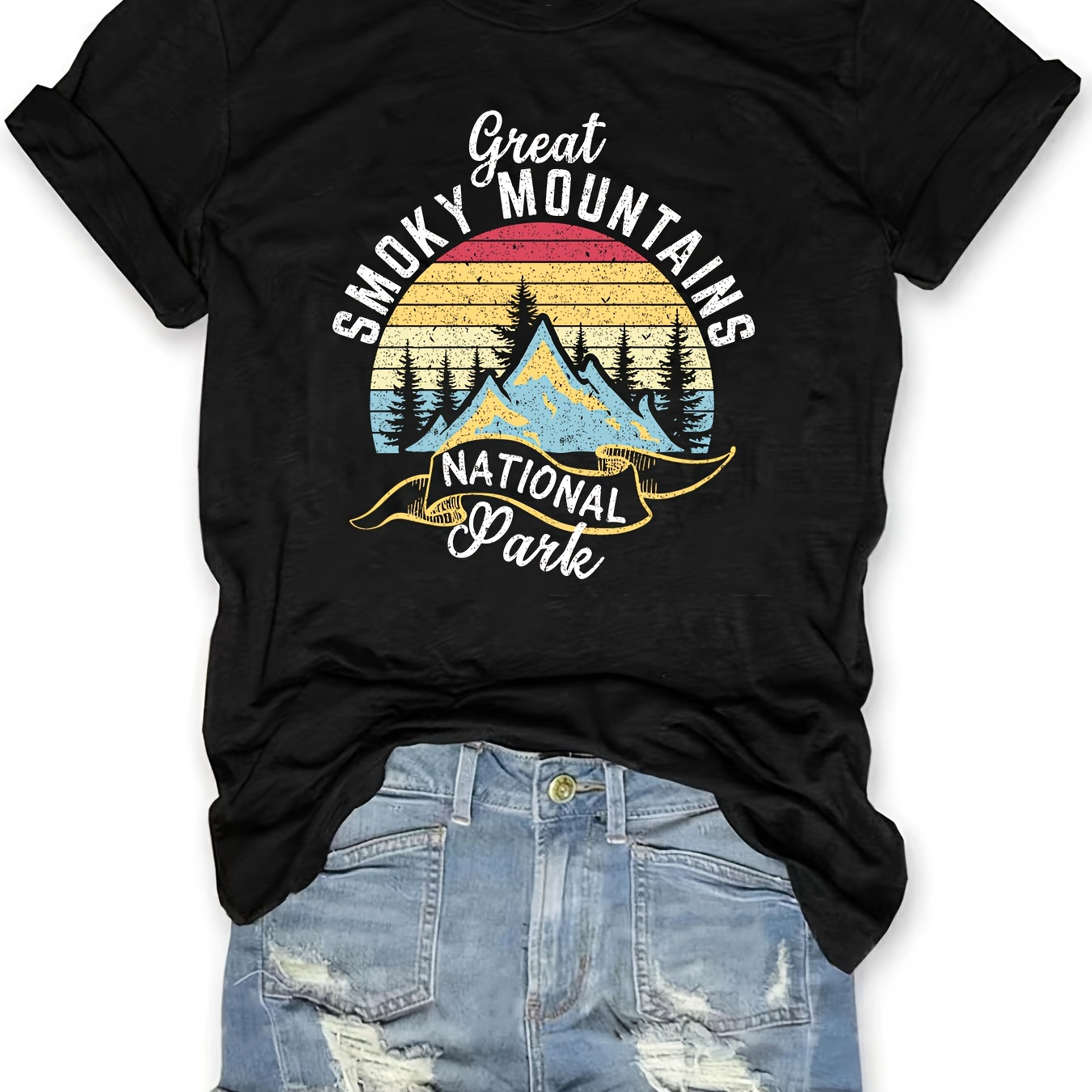 

Mountain Print T-shirt, Short Sleeve Crew Neck Casual Top For Summer & Spring, Women's Clothing