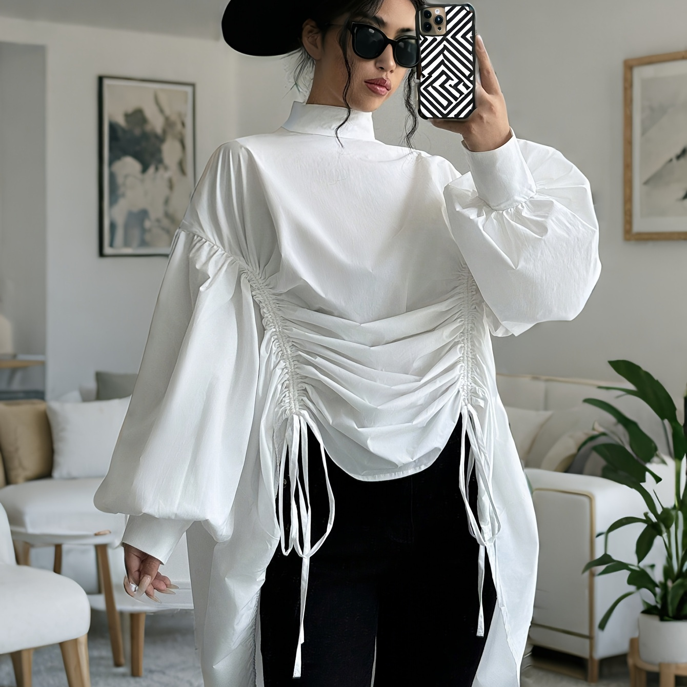 

Size White Drawstring Blouse For Women - Long Sleeve, High Neck, Machine Washable - Fall/winter
