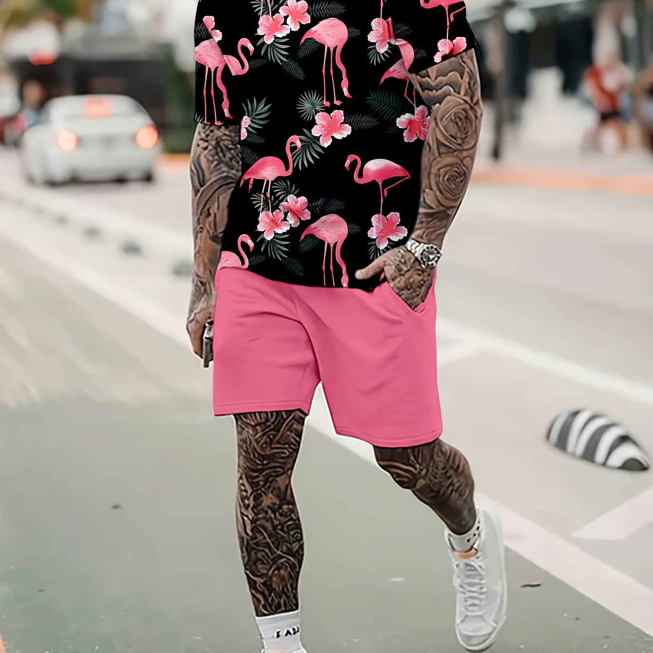 

2-piece Men's Trendy Summer Beach Vacation Outfit Set, Men's Flamingo And Leaves Pattern Short Sleeve T-shirt & Solid Shorts Set