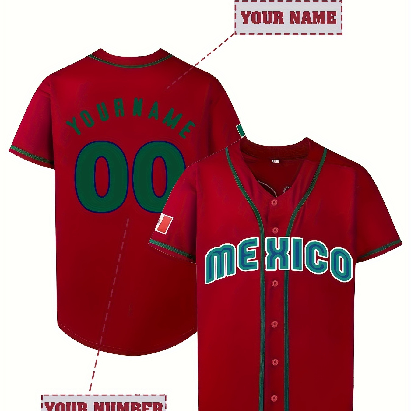 

Customized Name And Number Design, Men's "mexico" Embroidery Design Short Sleeve Loose Breathable V-neck Baseball Jersey, Sports Shirt For Team Training