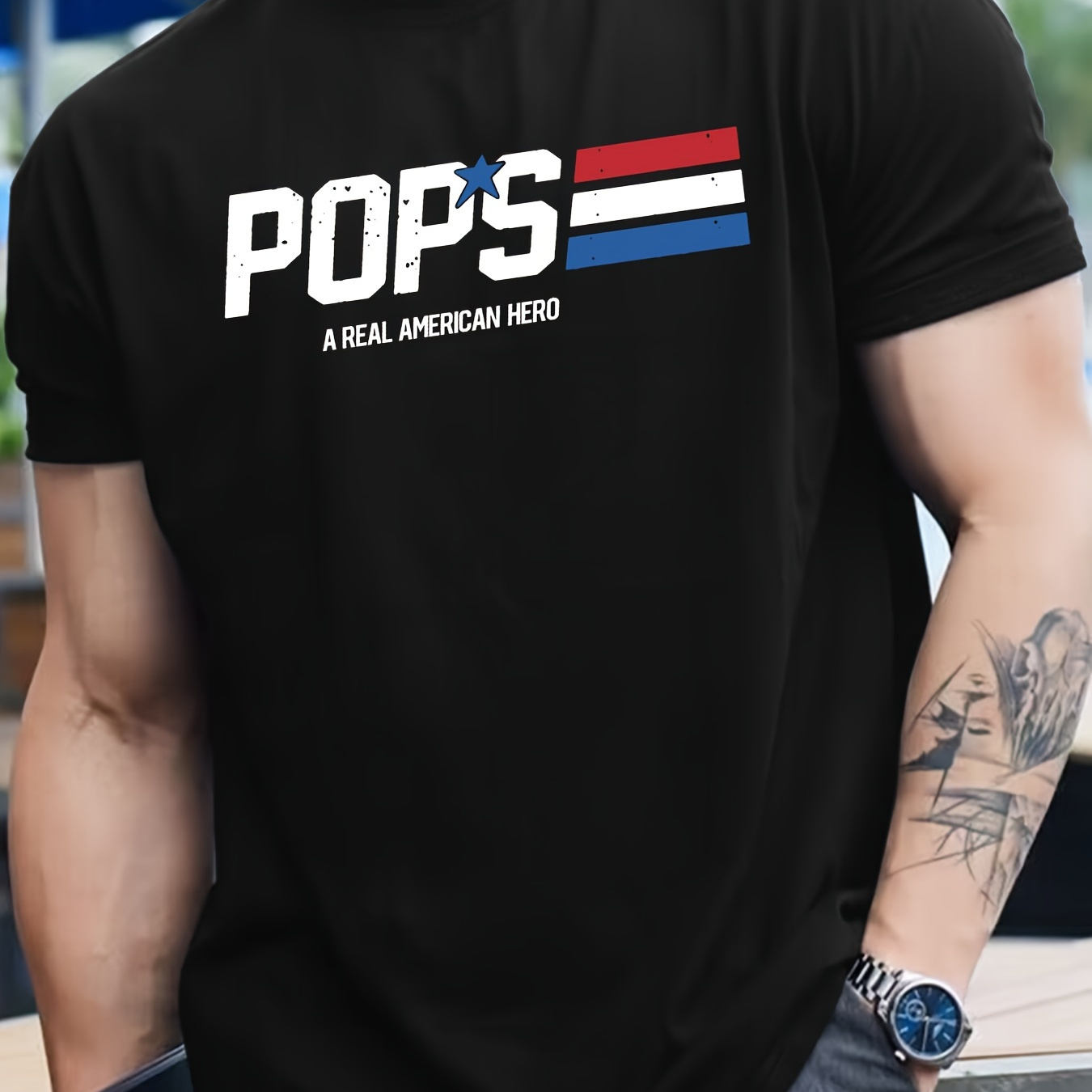 

' Pops ' Letter Print Summer Casual T-shirt Short Sleeve For Men, Sporty Leisure Style, Fashion Crew Neck Top For Daily Wear