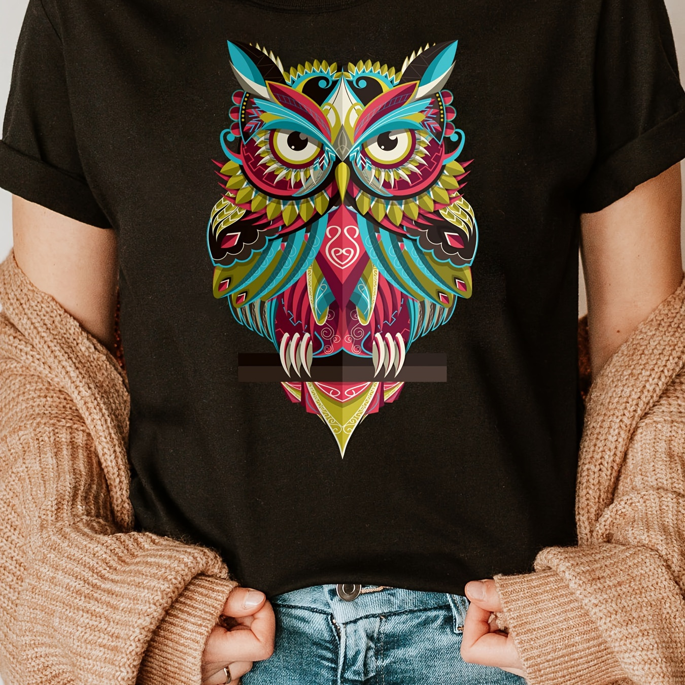 

Cool Owl Print Crew Neck T-shirt, Short Sleeve Casual Top For Summer & Spring, Women's Clothing