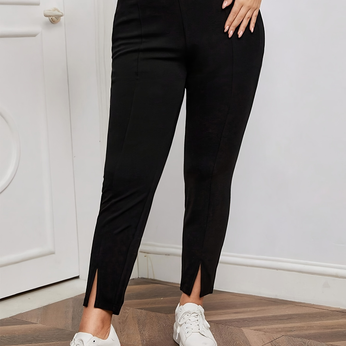 

Pantalon fendu à ourlet uni grande taille, pantalon skinny décontracté à taille haute pour et l'été, vêtements grande taille pour femmes