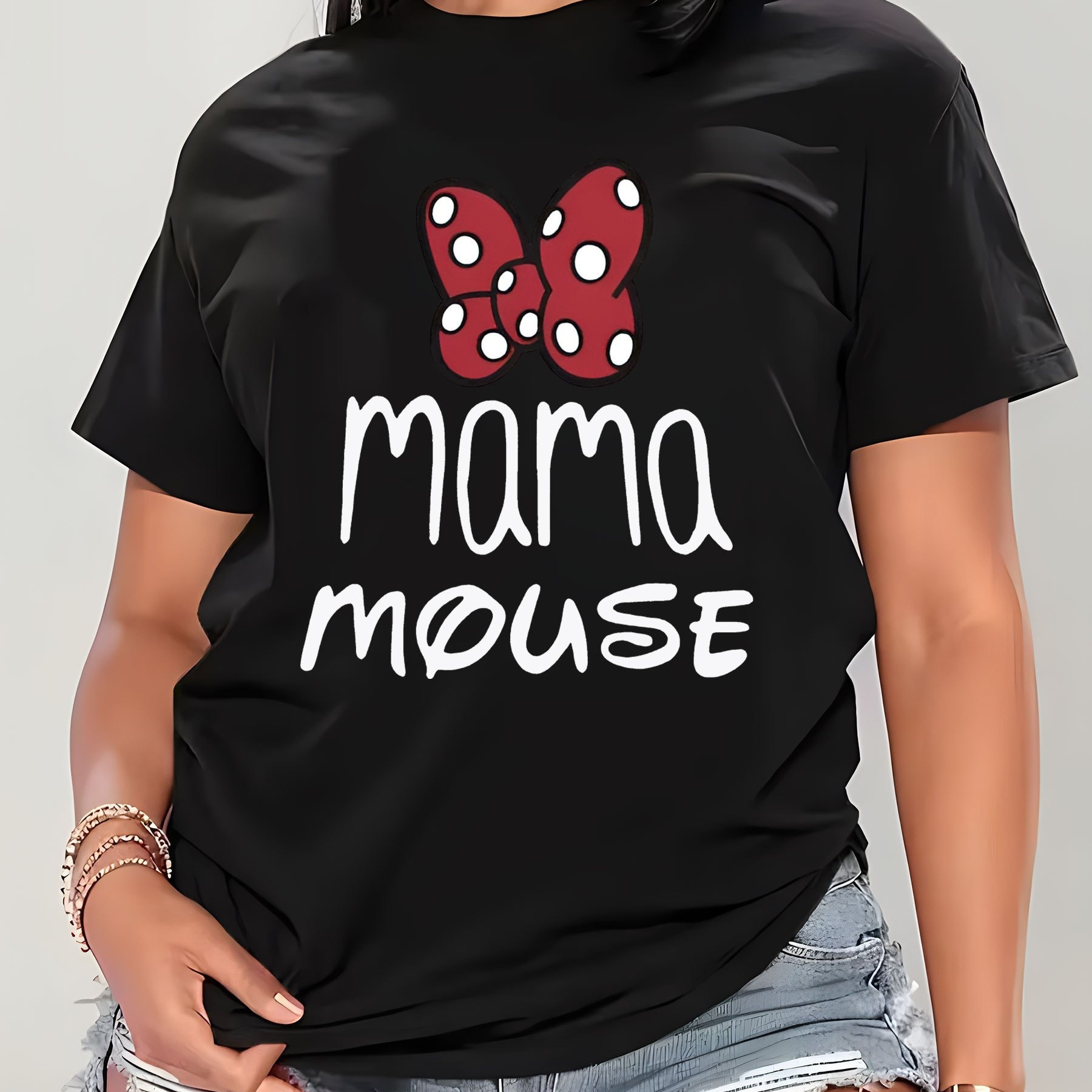 

Plus Size Mama Mouse Print T-shirt, Casual Short Sleeve Crew Neck Top For Spring & Summer, Women's Plus Size Clothing