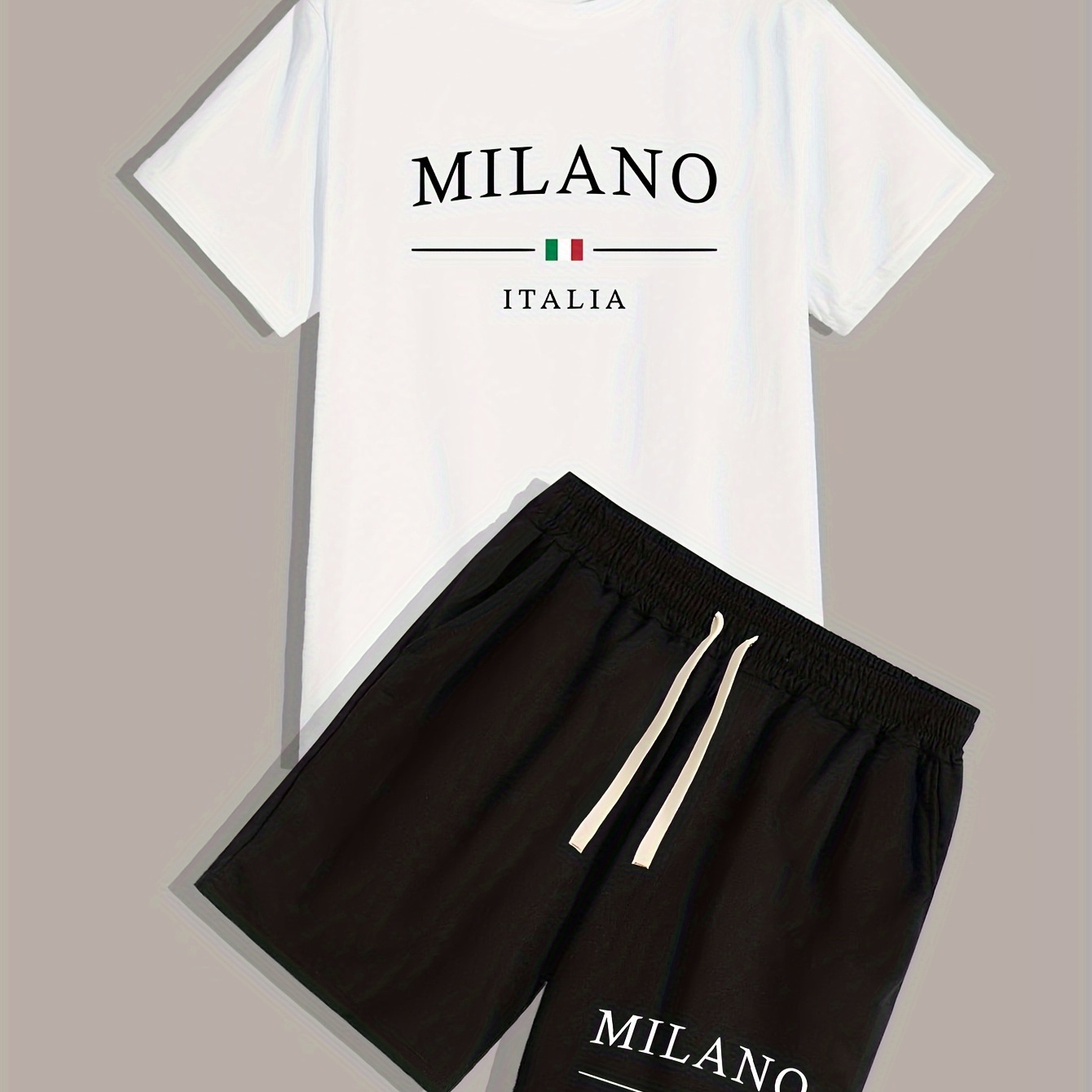 

Milano Italia Letter Print, Men's 2 Pieces Outfits, Crew Neck Short Sleeve T-shirt & Drawstring Shorts Co Ord Set For Summer, Outdoor Sports