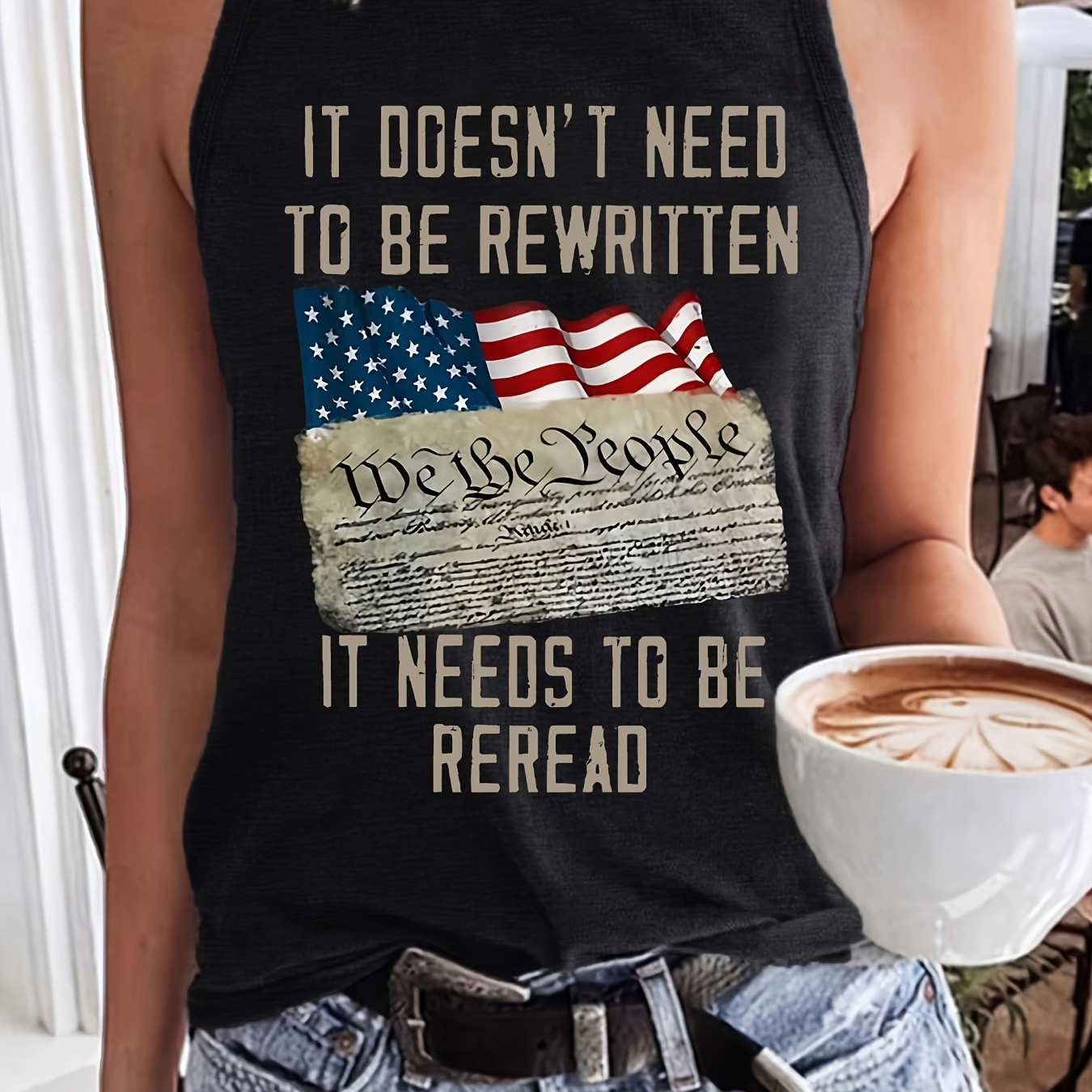 

Letter & Flag Print Crew Neck Tank Top, Casual Sleeveless Top For Spring & Summer, Women's Clothing