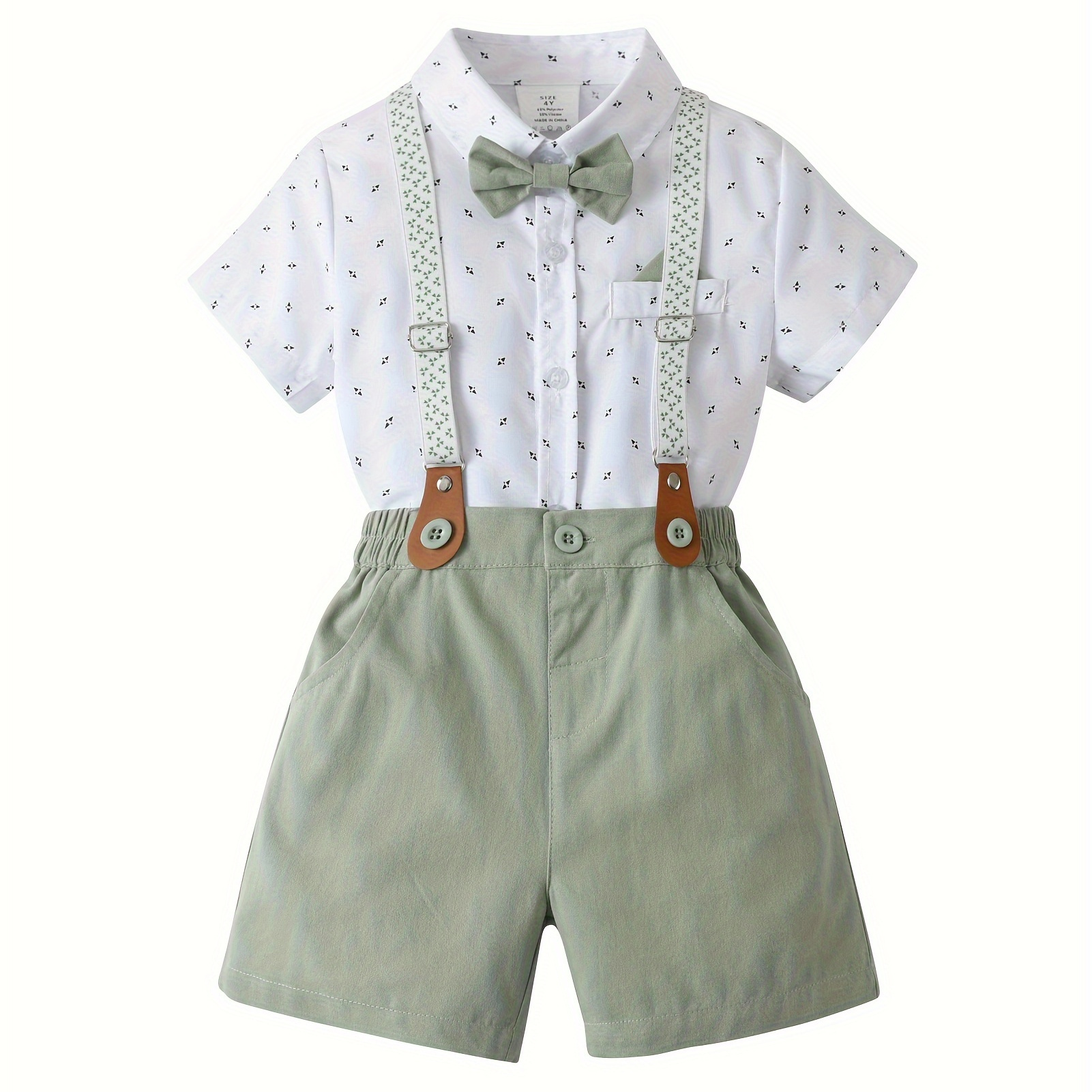 

2pcs Boys Formal Gentlemen Outfit, Short Sleeve Dress Shirt & Suspender Shorts Set For Party