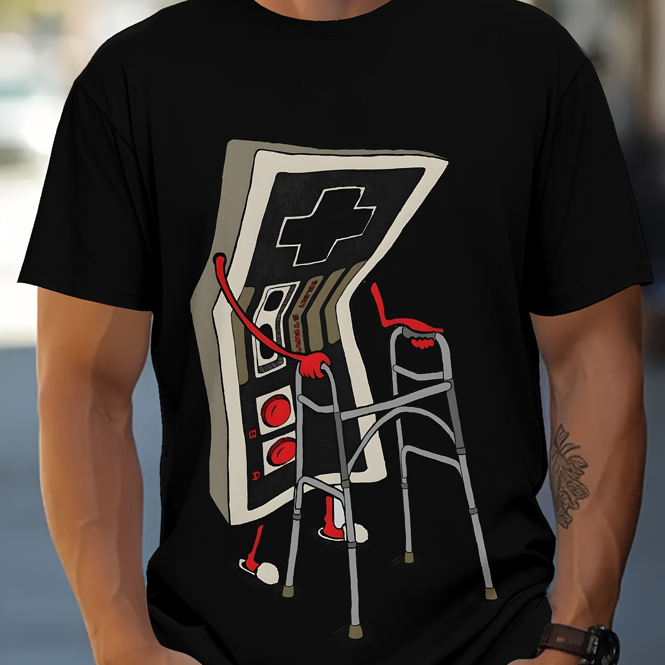 

Men's Graphic Tee - Black Polyester, Arcade Game Console & Staircase Design, Short-sleeved Round Neck T-shirt For Summer Outdoor Wear