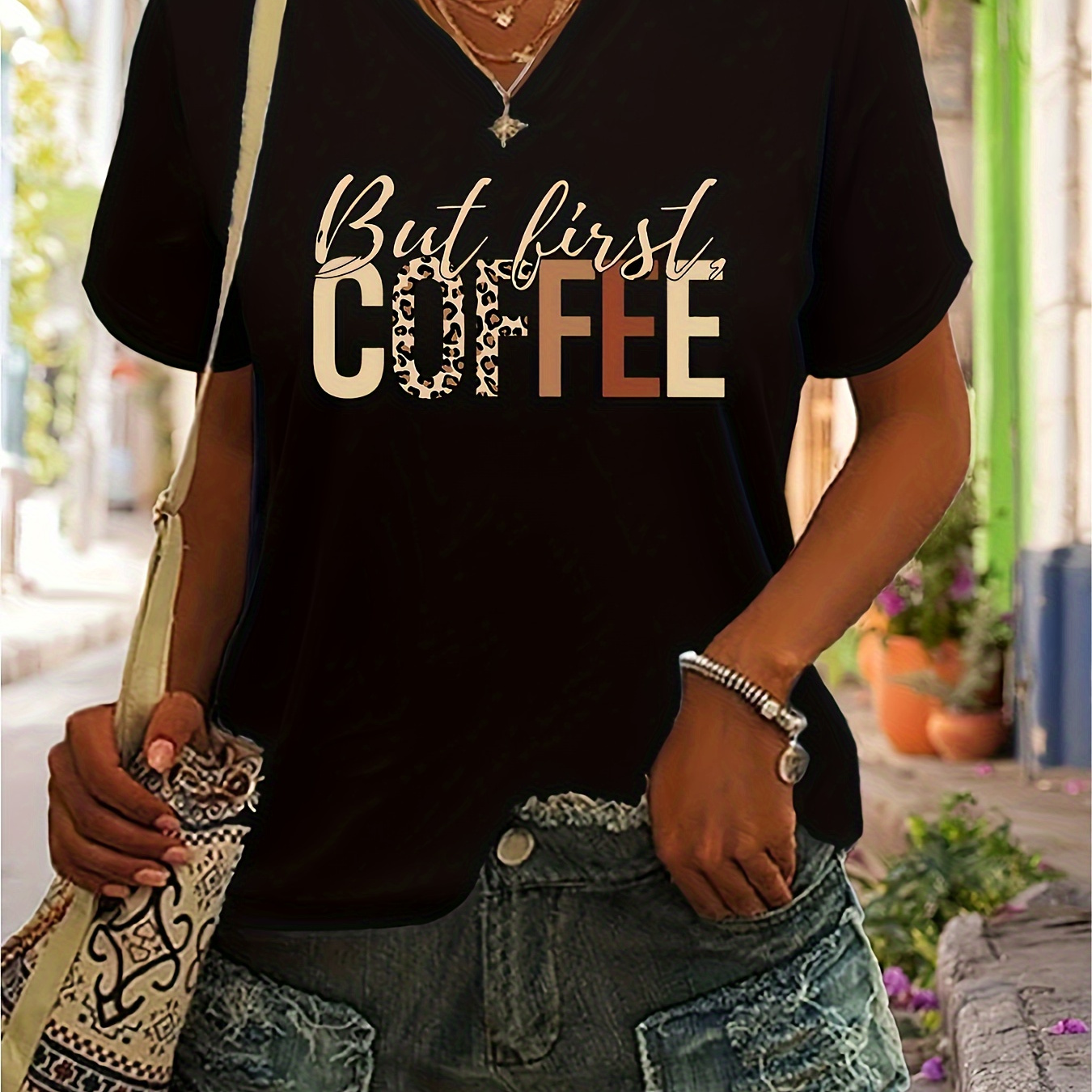 

Coffee Print T-shirt, Short Sleeve V-neck Casual Top For Summer & Spring, Women's Clothing