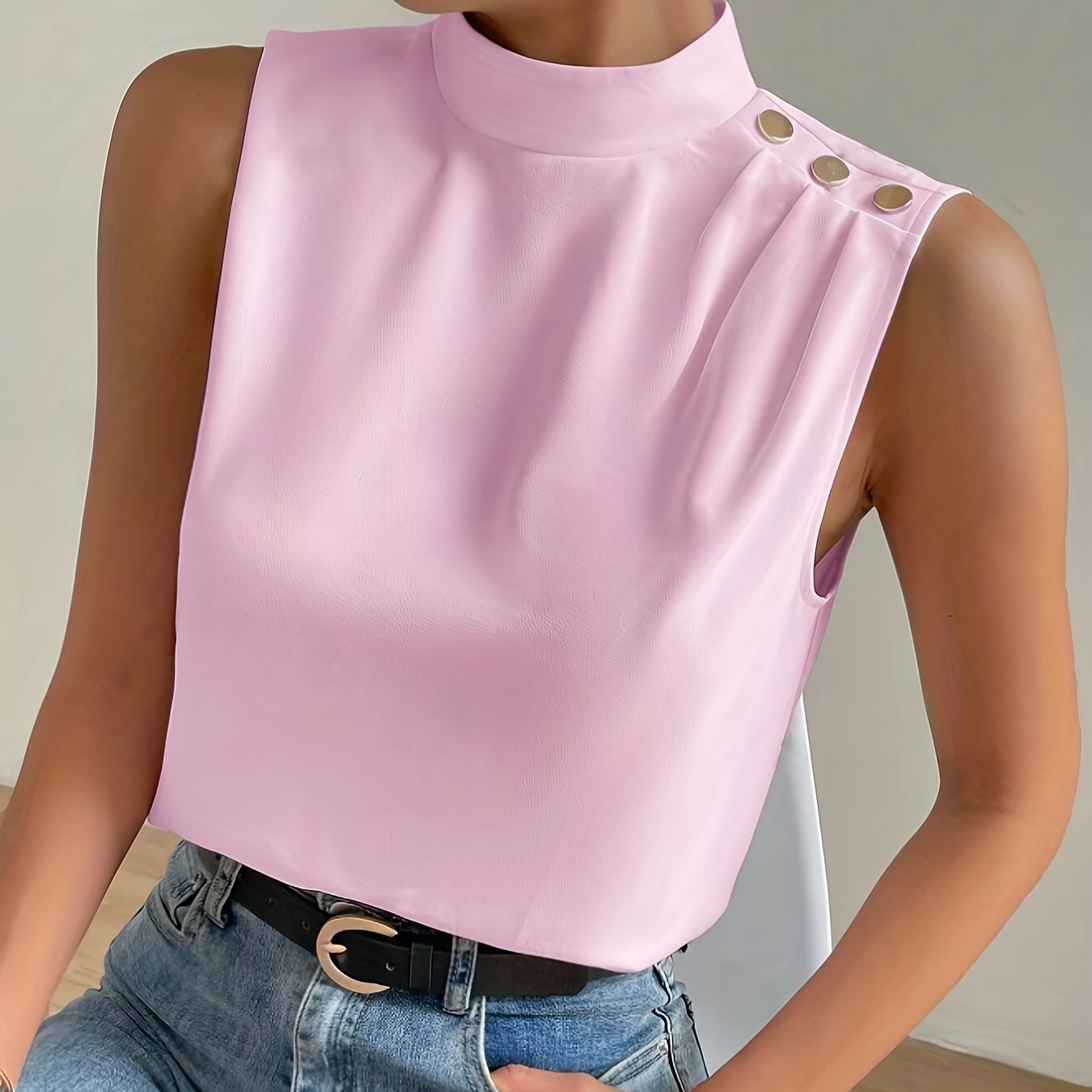 

Blouse boutonnée à col montant, élégante blouse sans manches pour le printemps et l'été, vêtements pour femmes