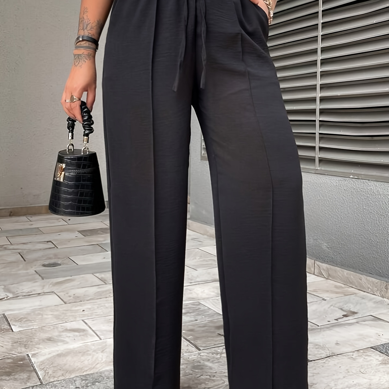 

Solid Color Fake Drawstring Straigh Leg Pants, Elegant & Versatile High Waist Pants For Spring & Summer, Women's Clothing