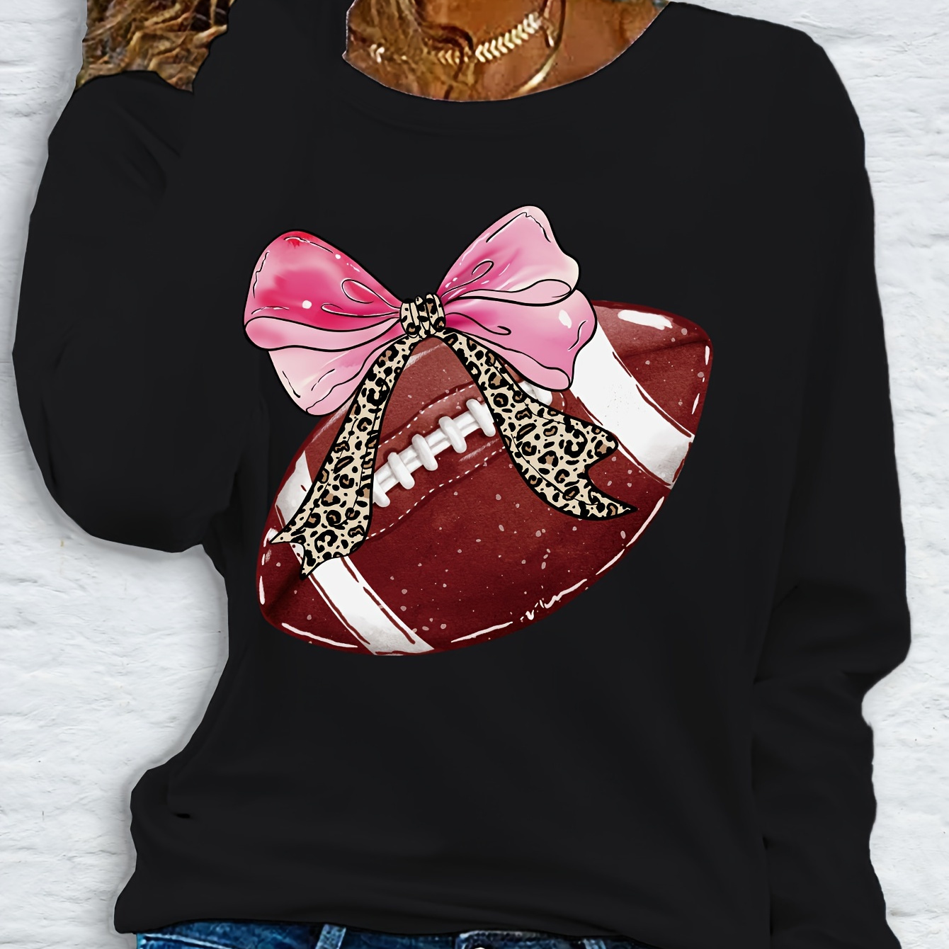 

Women's Casual Long Sleeve Crew Neck T-shirt With Leopard Football Applique, Polyester Knit Fabric With Medium Stretch, Fall Fashion Pullover