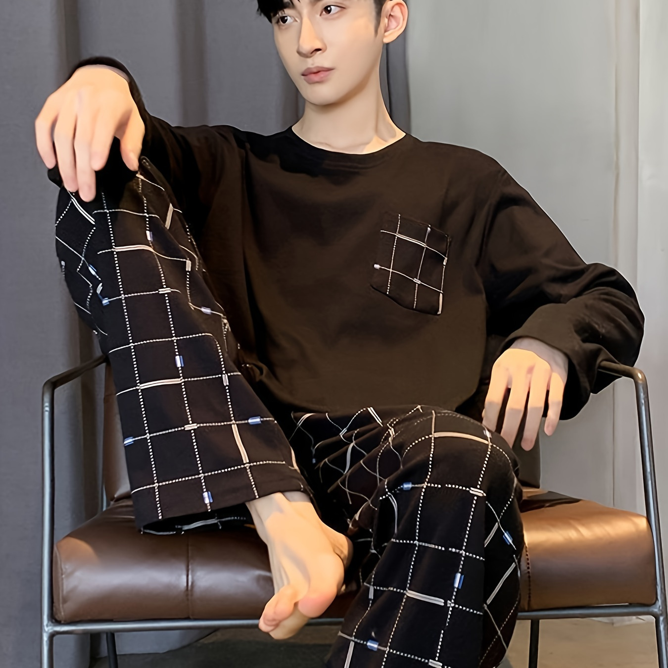 

Men's Simple Style Casual Pajamas Sets, Chest Pocket Long Sleeve Crew Neck Top & Loose Checkered Pants Lounge Wear, Outdoor Sets For Spring Autumn