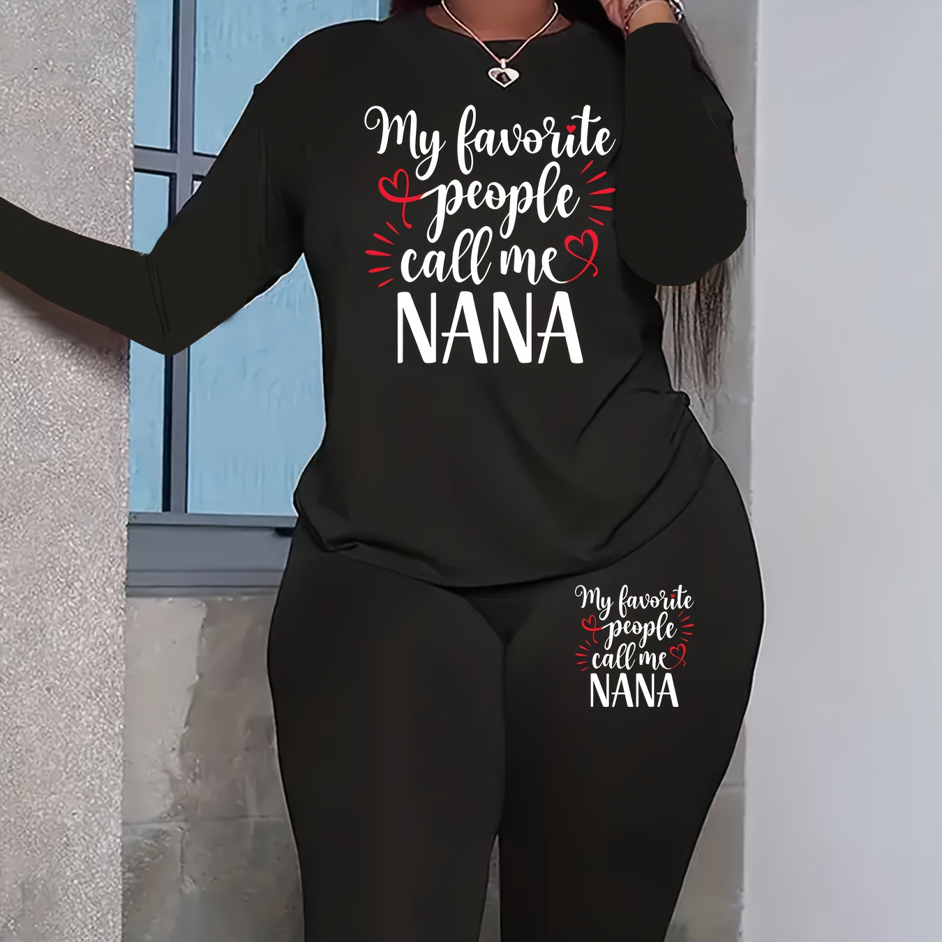 

Plus Size Nana Print Two-piece Set, Crew Neck Long Sleeve Top & Pants Outfits, Women's Plus Size clothing