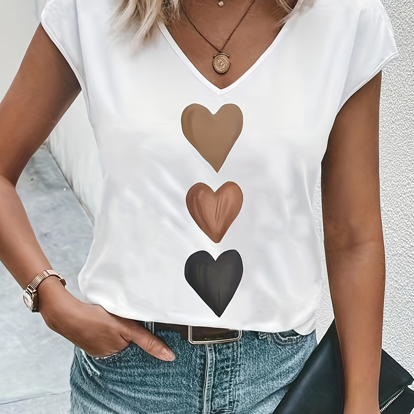 

Heart Print V Neck T-shirt, Casual Cap Sleeve T-shirt For , Women's Clothing