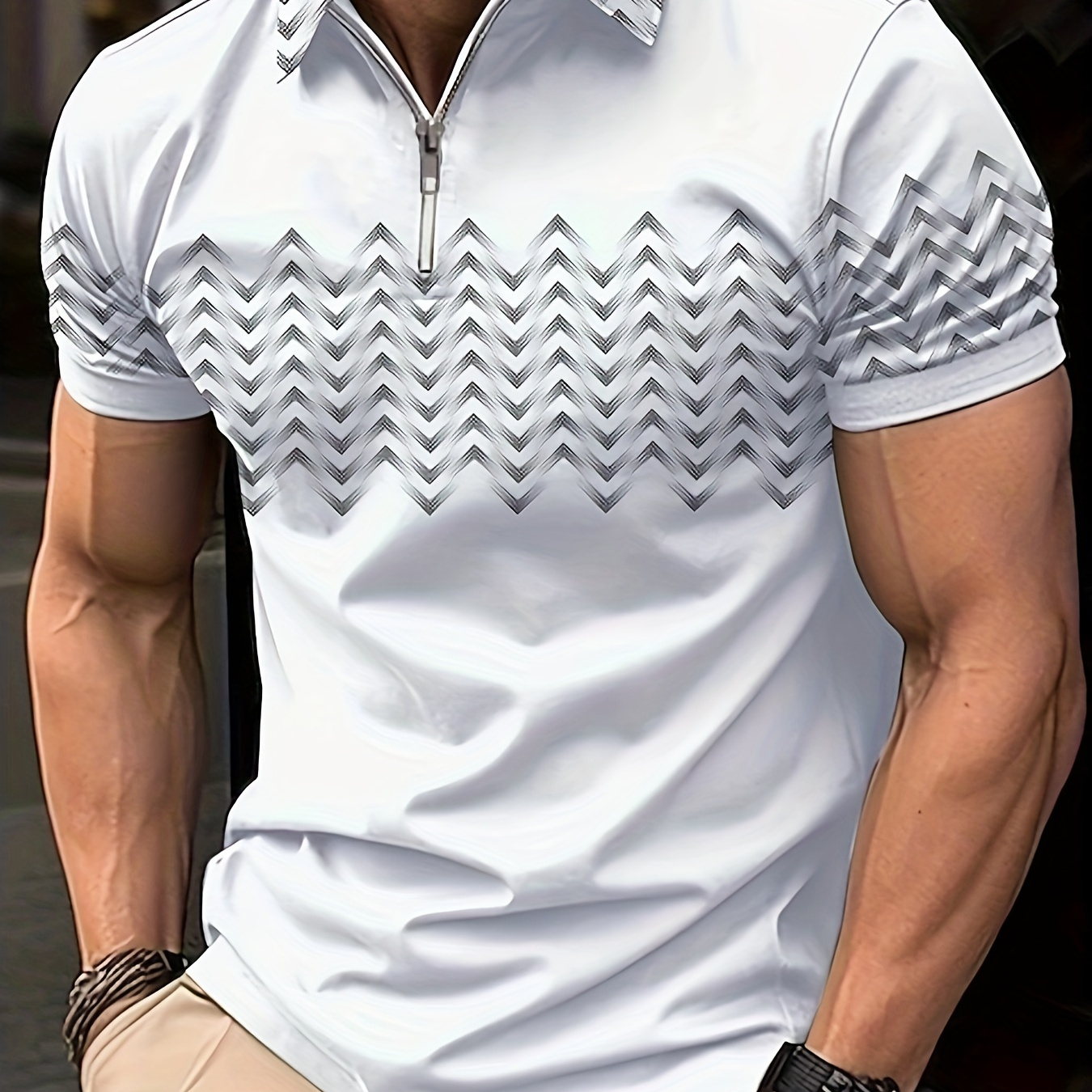 

Men's Trendy Geometric Casual Short Sleeves Zip Up Graphic Shirts, Lapel Collar Tops Pullovers, Men's Clothing For Summer