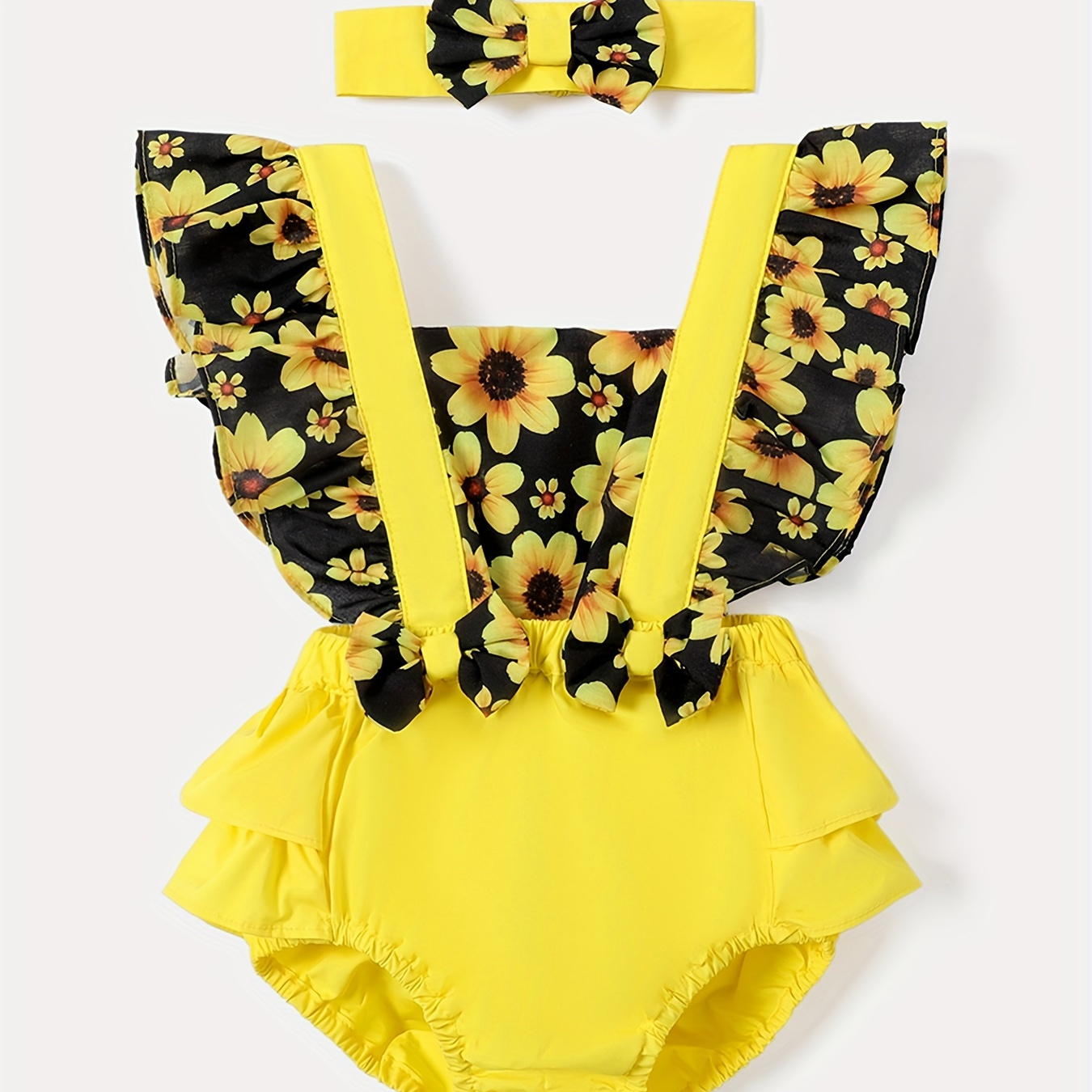 

Baby Girl Cotton Solid & Sunflower-print Spliced Layered Ruffle Trim Romper & Headband Set
