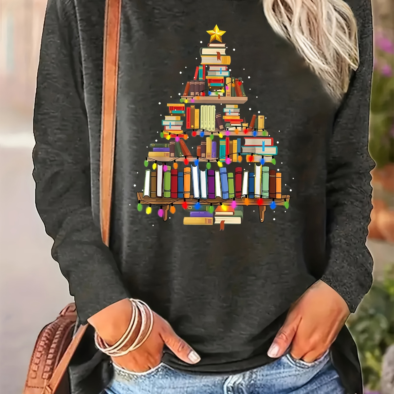 

T-shirt Imprimé Arbre De Noël Et Livre, Haut Décontracté À Manches Longues Pour Le Printemps Et L'automne, Vêtements Pour Femmes