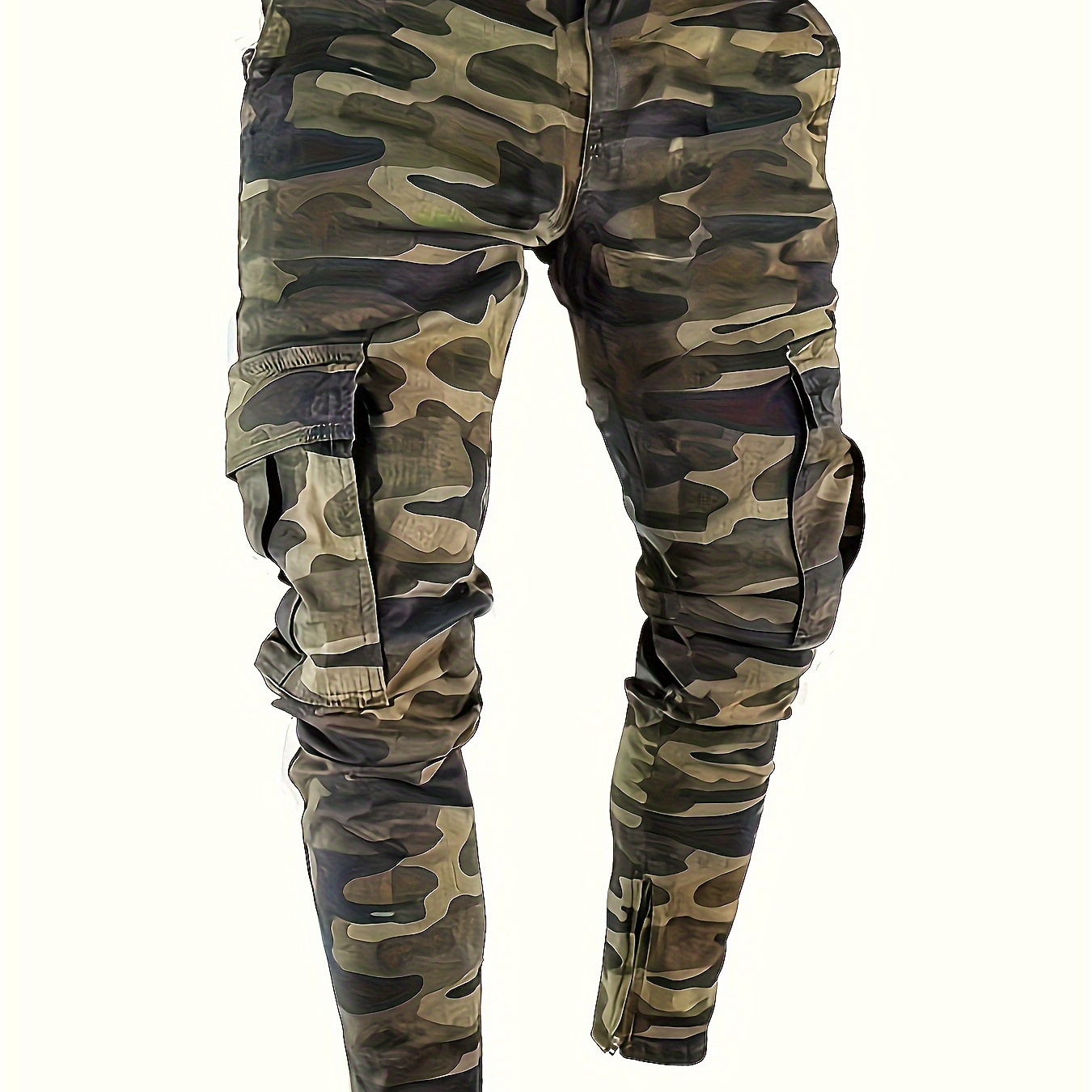 

Men's Camouflage Print Denim Trousers With Multi Pockets, Causal Cotton Blend Slim-fit Jeans For Outdoor Activities