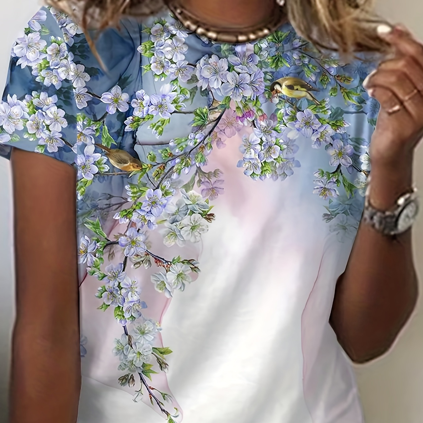 

Flower & Bird Print T-shirt, Elegant Crew Neck Short Sleeve Summer T-shirt, Women's Clothing