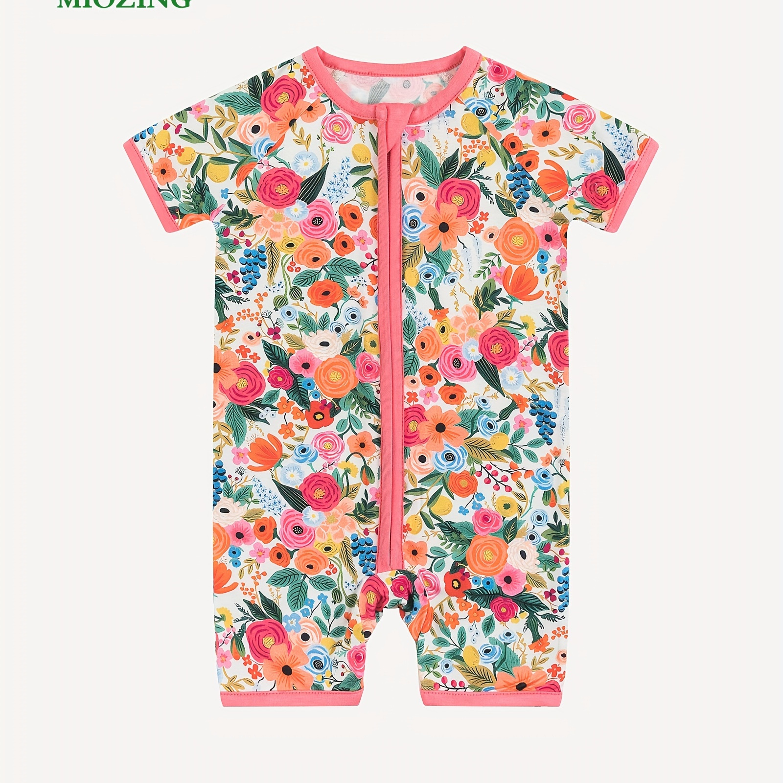 

Newborn Baby Comfy Bamboo Fiber Fabric Colorful Floral Print Short Sleeve Zipper Jumpsuit