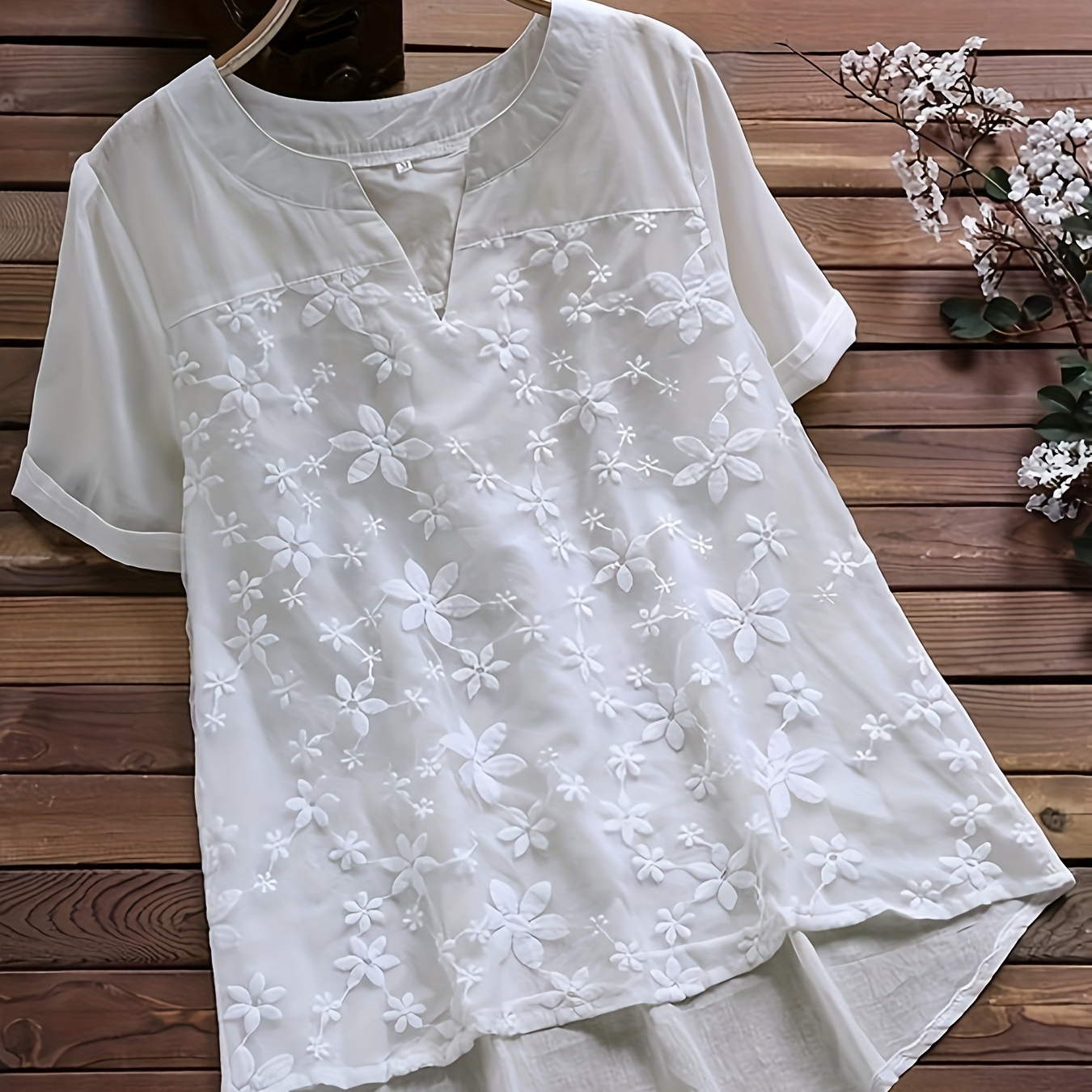 

Floral Embroidered Notched Neck Blouse, Vintage Short Sleeve Blouse For Spring & Summer, Women's Clothing