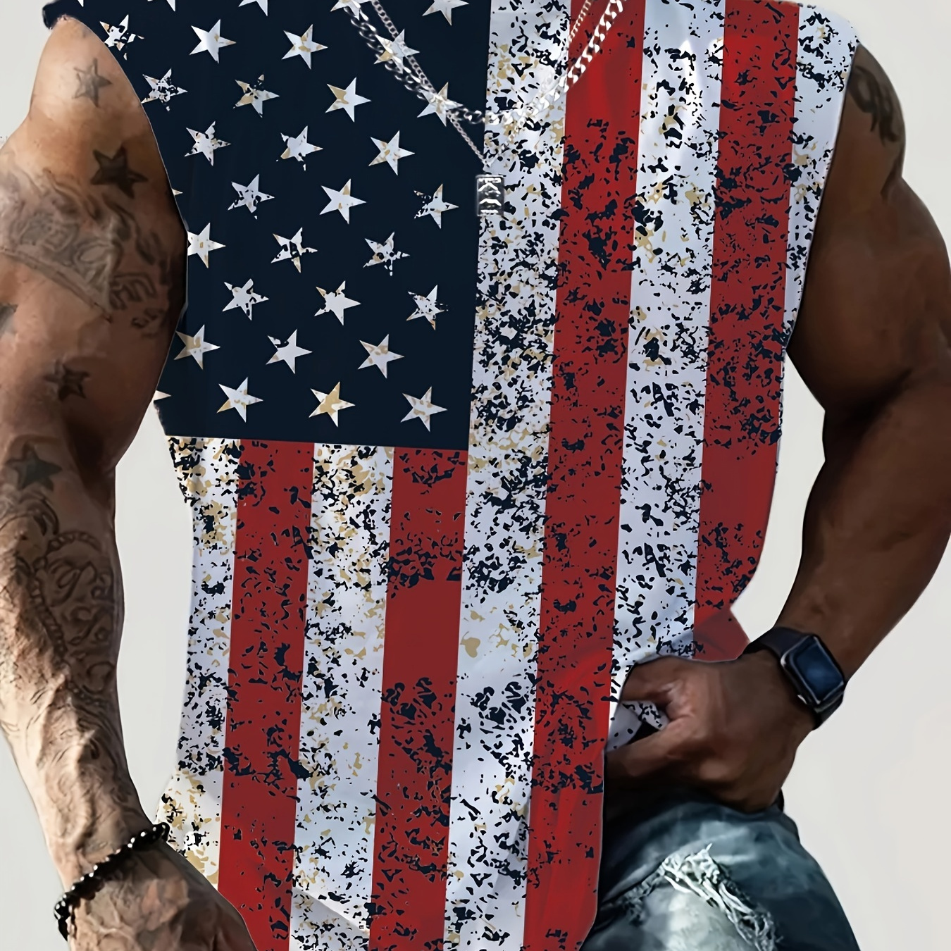 

Flag Print Comfy Breathable Tank Top, Men's Casual Stretch Sleeveless T-shirt For Summer Gym Workout Training Basketball