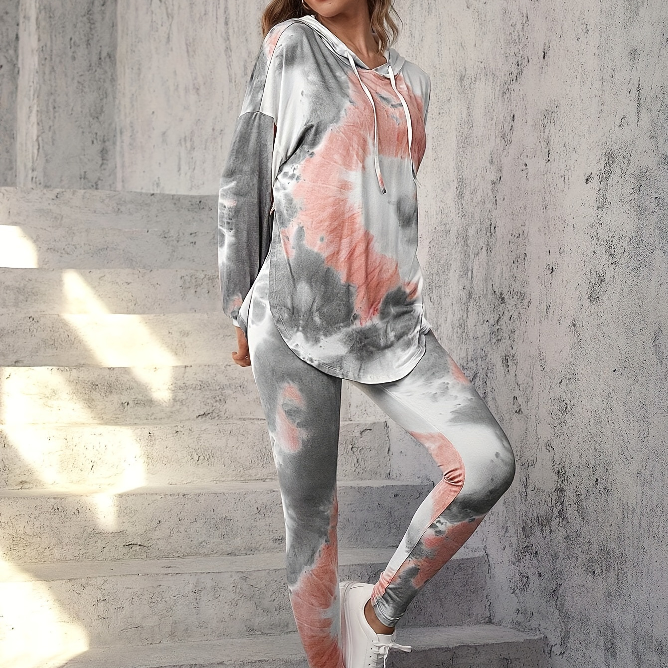 

1set Women's Casual Tie Dye Printed Hooded Drawstring Long Sleeve Split Cuff With Waist Pocketed Pants Set, Polyester Knit Fabric, All