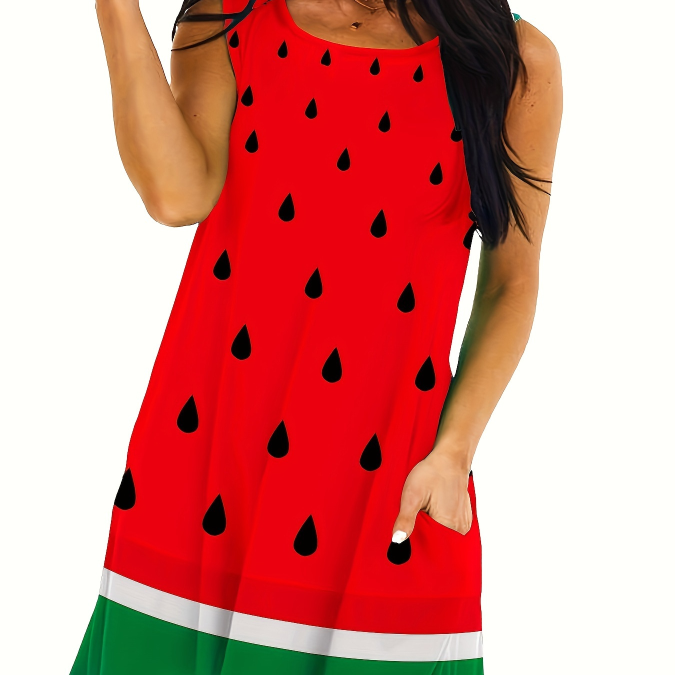 

Women's Watermelon Print A-line Dress With Pockets - Casual, Loose Fit, Round Neck, Polyester - All