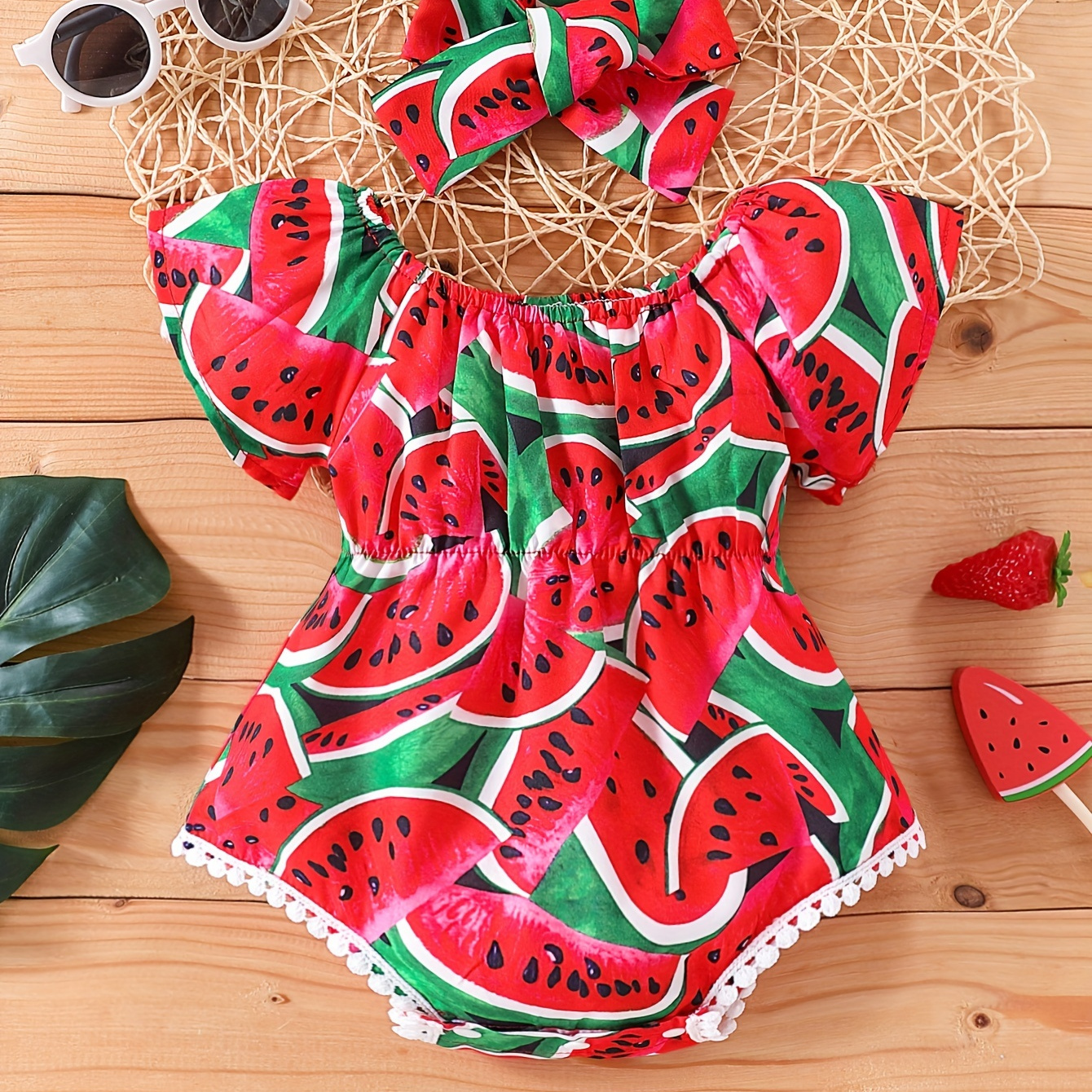 

Baby's Cartoon Watermelon Full Print Triangle Bodysuit & Headband, Casual Cap Sleeve Onesie, Toddler & Infant Girl's Clothing For Summer Holiday, As Gift