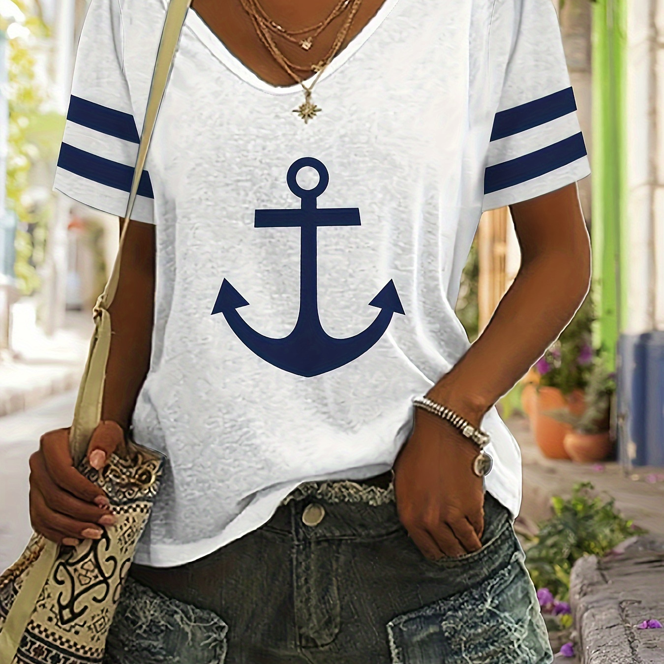 

Anchor Print Contrast Trim T-shirt, Casual V-neck Short Sleeve Loose Summer T-shirt, Women's Clothing