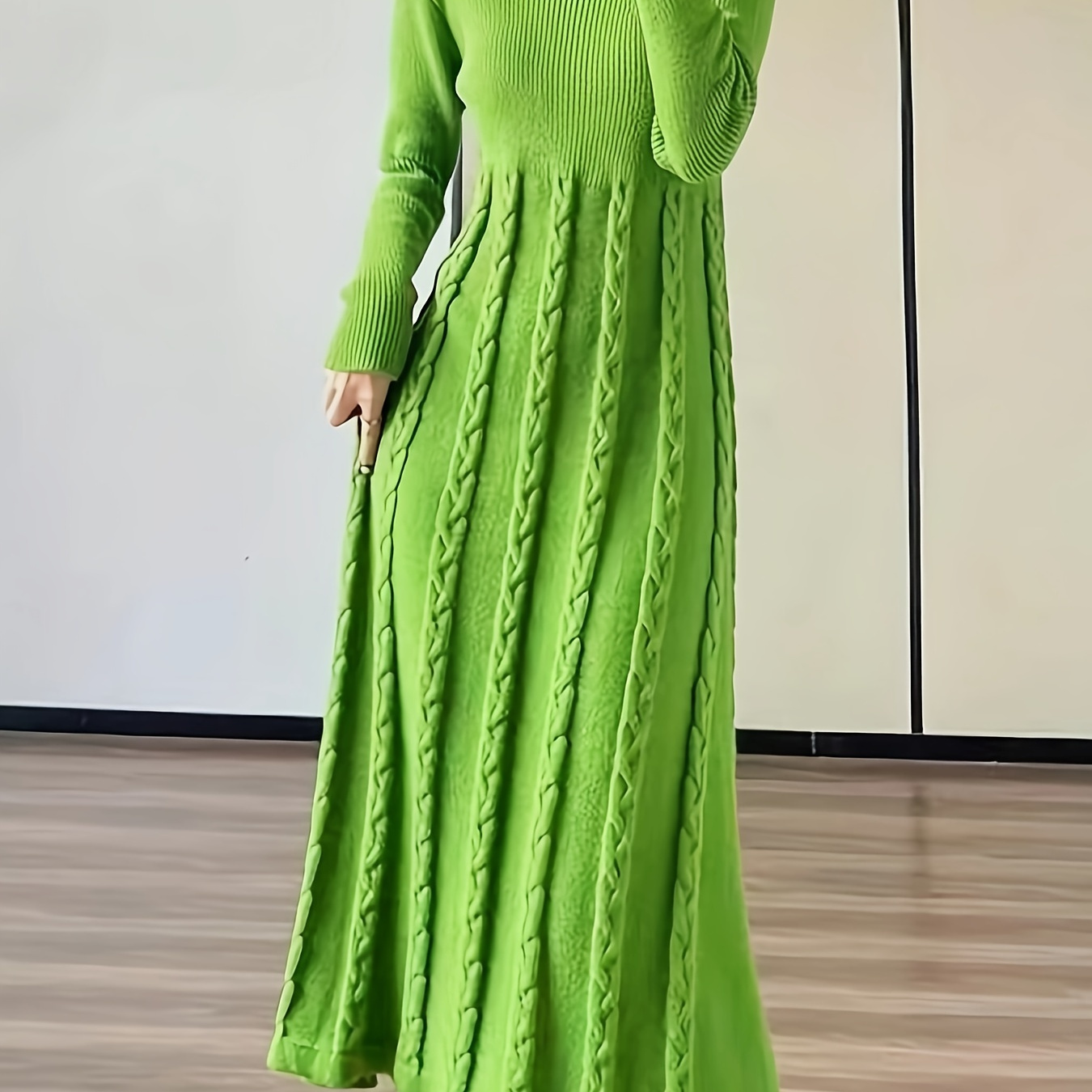 

Solid Color Cable Knit Letter Print Dress, Elegant Mock Neck Long Sleeve Dress For Fall & Winter, Women's Clothing