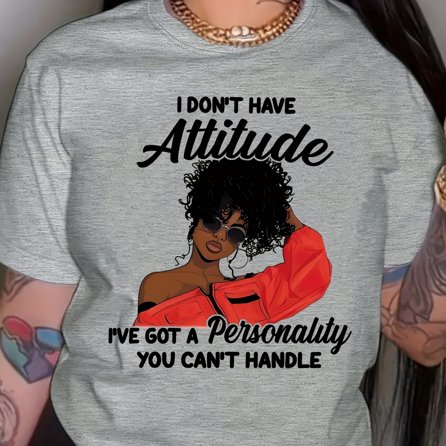 

Attitude Figure Print T-shirt, Casual Crew Neck Short Sleeve T-shirt For Spring & Summer, Women's Clothing