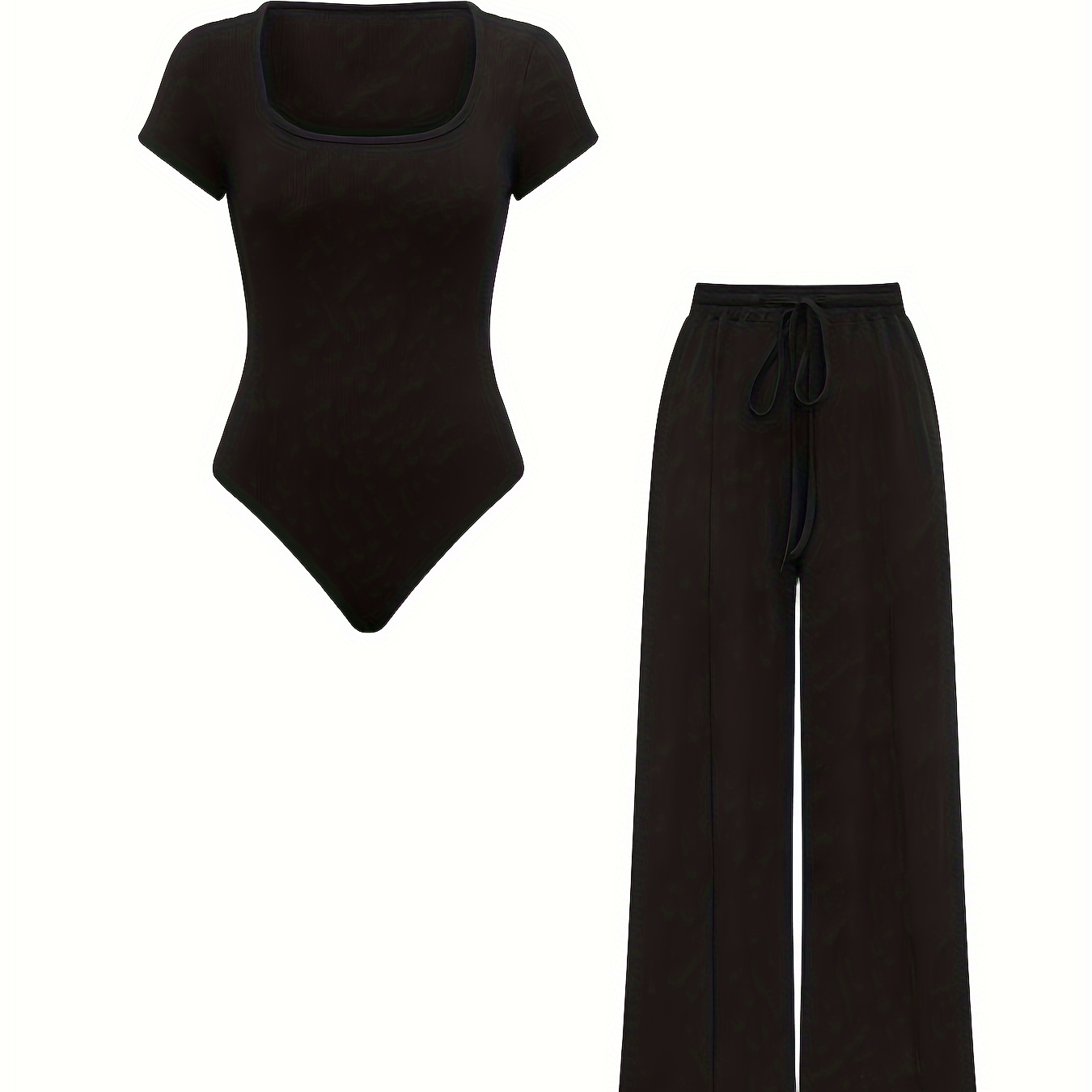 

Elegant Solid Color Pantsuits, Square Neck Short Sleeve Bodysuit & Drawstring Wide Leg Pants Outfits, Women's Clothing