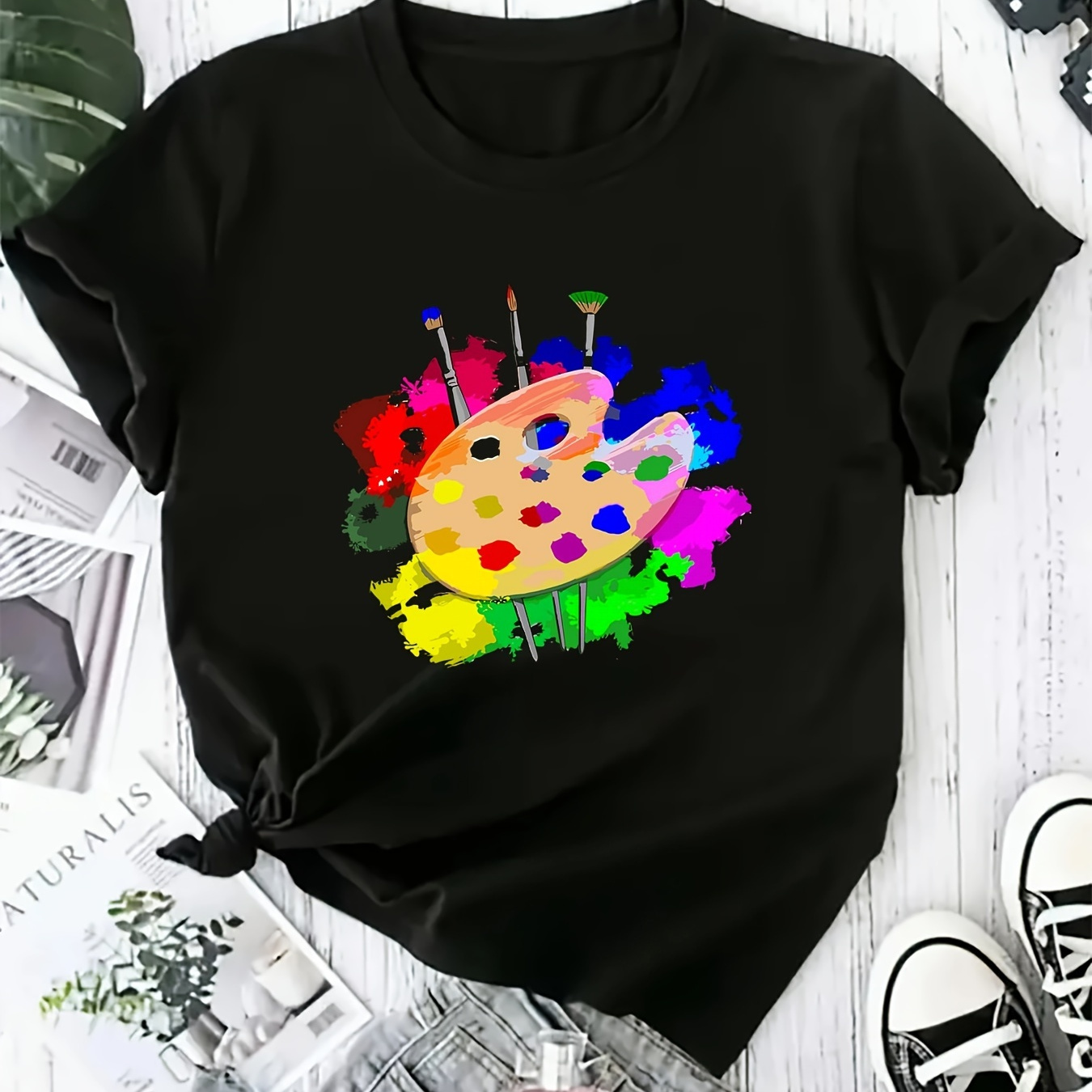 

Women's Plus Size Casual T-shirt With Artist Palette Print, Short Sleeve, Medium Stretch, Polyester Knit Fabric, Comfort