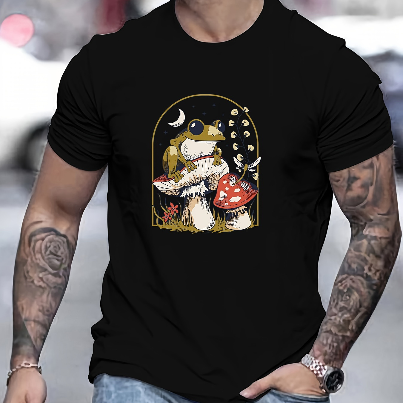 

Mushrooms And Frog Print T Shirt, Tees For Men, Casual Short Sleeve T-shirt For Summer
