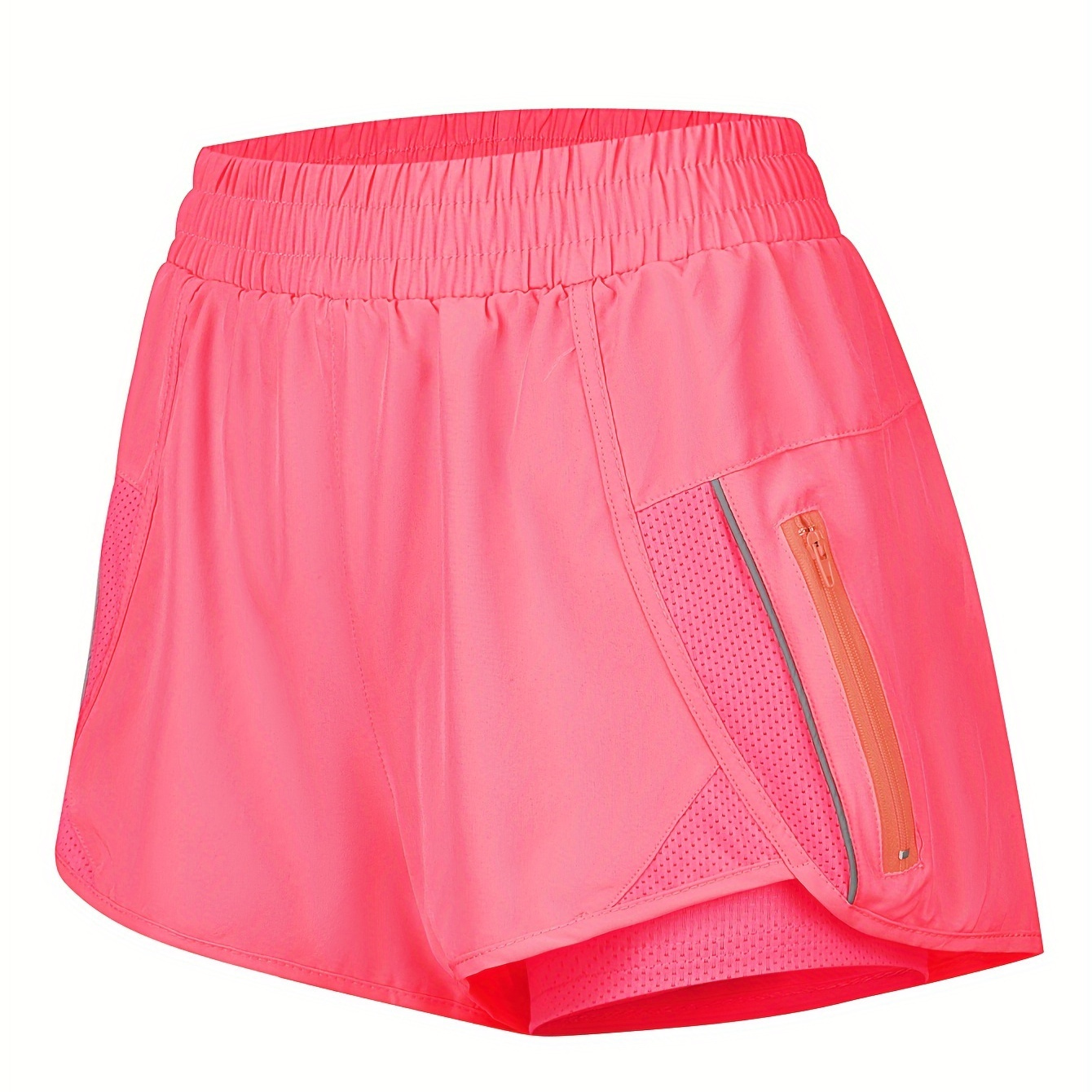 

Short de yoga actif pour femmes, tissu en mesh respirant, rose pêche à séchage rapide avec poche zippée, ceinture élastique confortable, vêtements de sport athlétiques