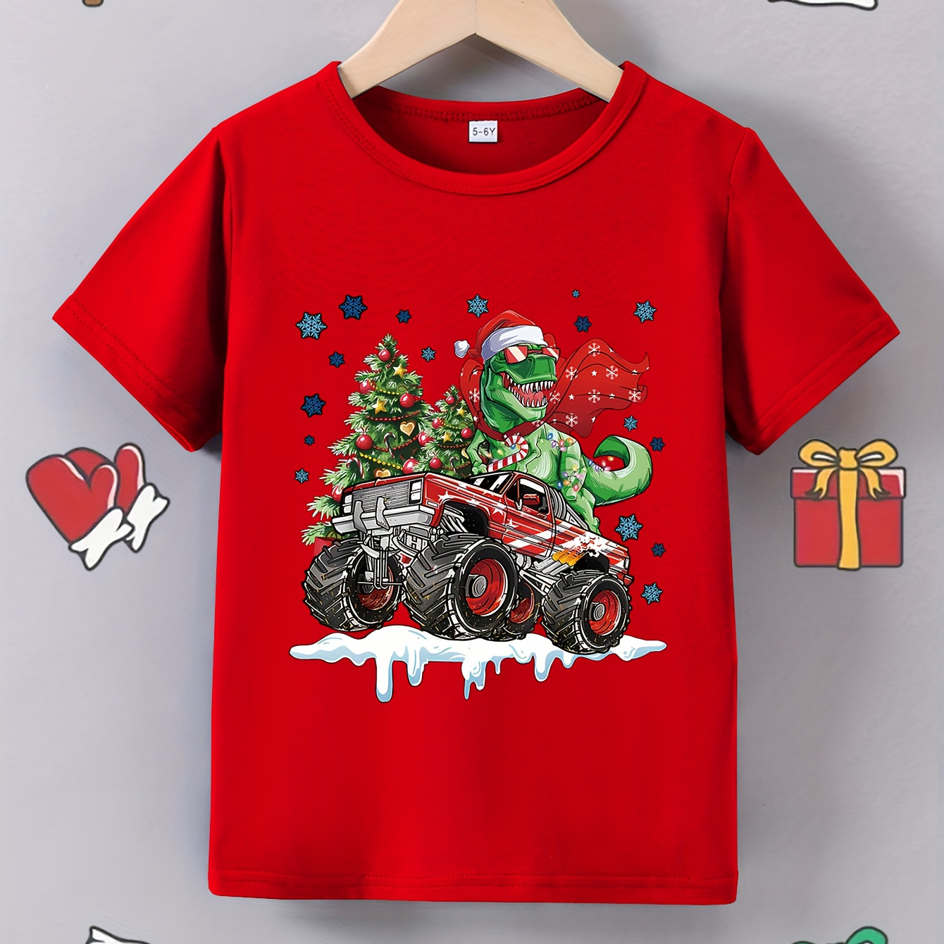 

Kids' Summer Short Sleeve T-shirt With Cartoon Dinosaur And 4wd Truck Print, Casual Polyester Knit Fabric, Round Neck, Regular Fit - Christmas Theme