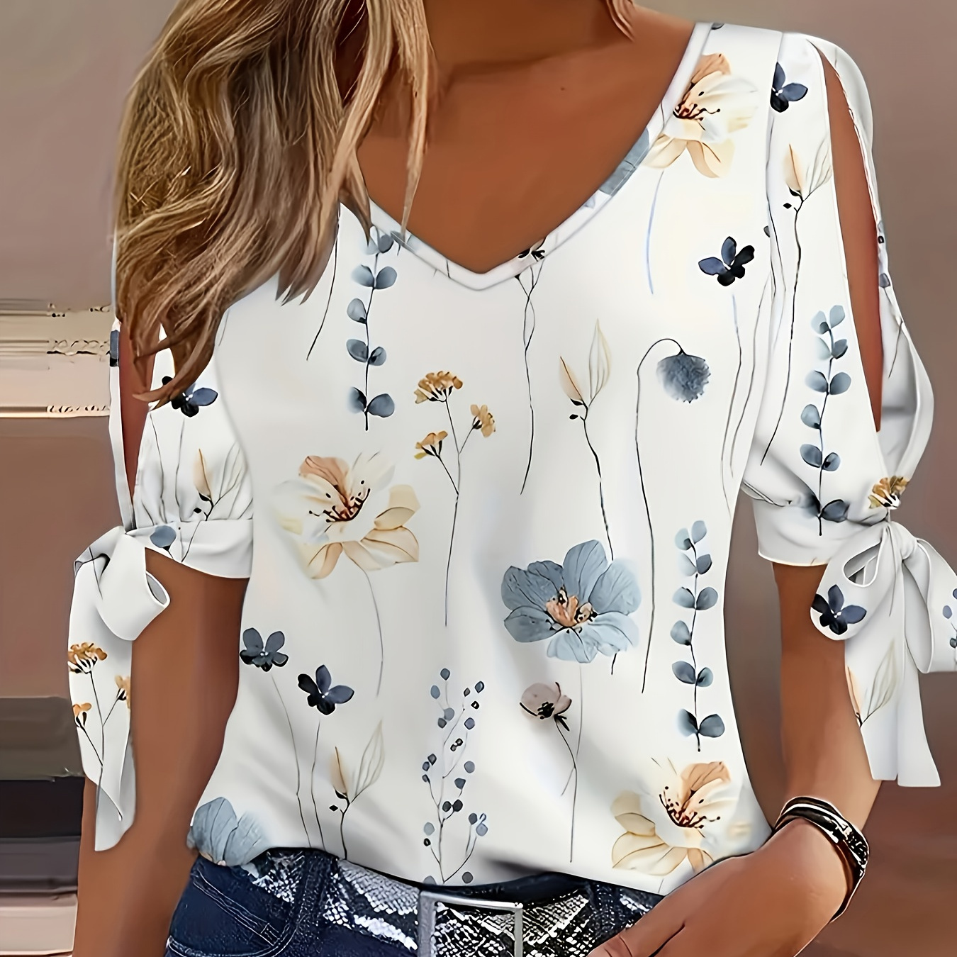 

Plus Size Floral Print V Neck T-shirt, Casual Tied Cuff Short Sleeve Top For Spring & Summer, Women's Plus Size Clothing