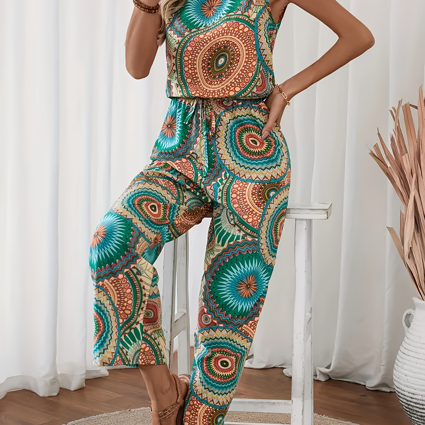 

Elegant Mandala Print Sleeveless Jumpsuit For Women - Wide Leg, Tie-waist Design With Round Neck, Vacations