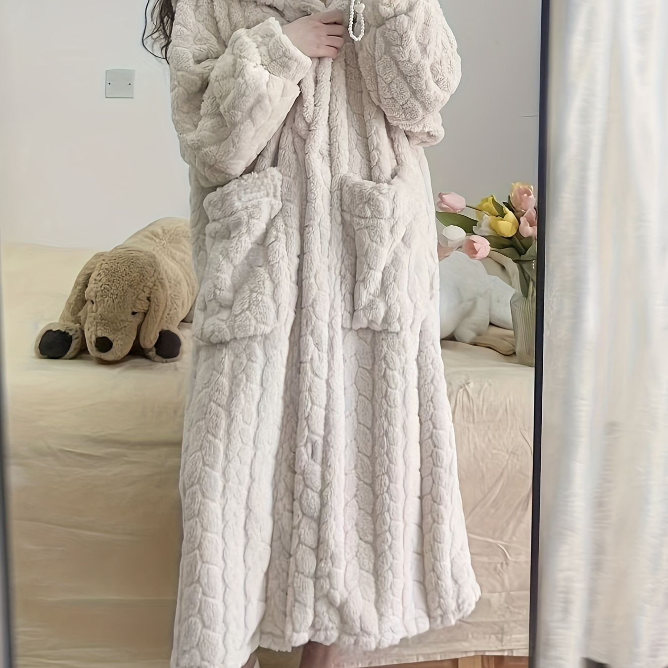 

Casual Solid Jacquard Fleece Thickened Night Robe For Fall & Winter, Long Sleeve Hooded Buttons Robe With Pockets, Women's Sleepwear & Dresses